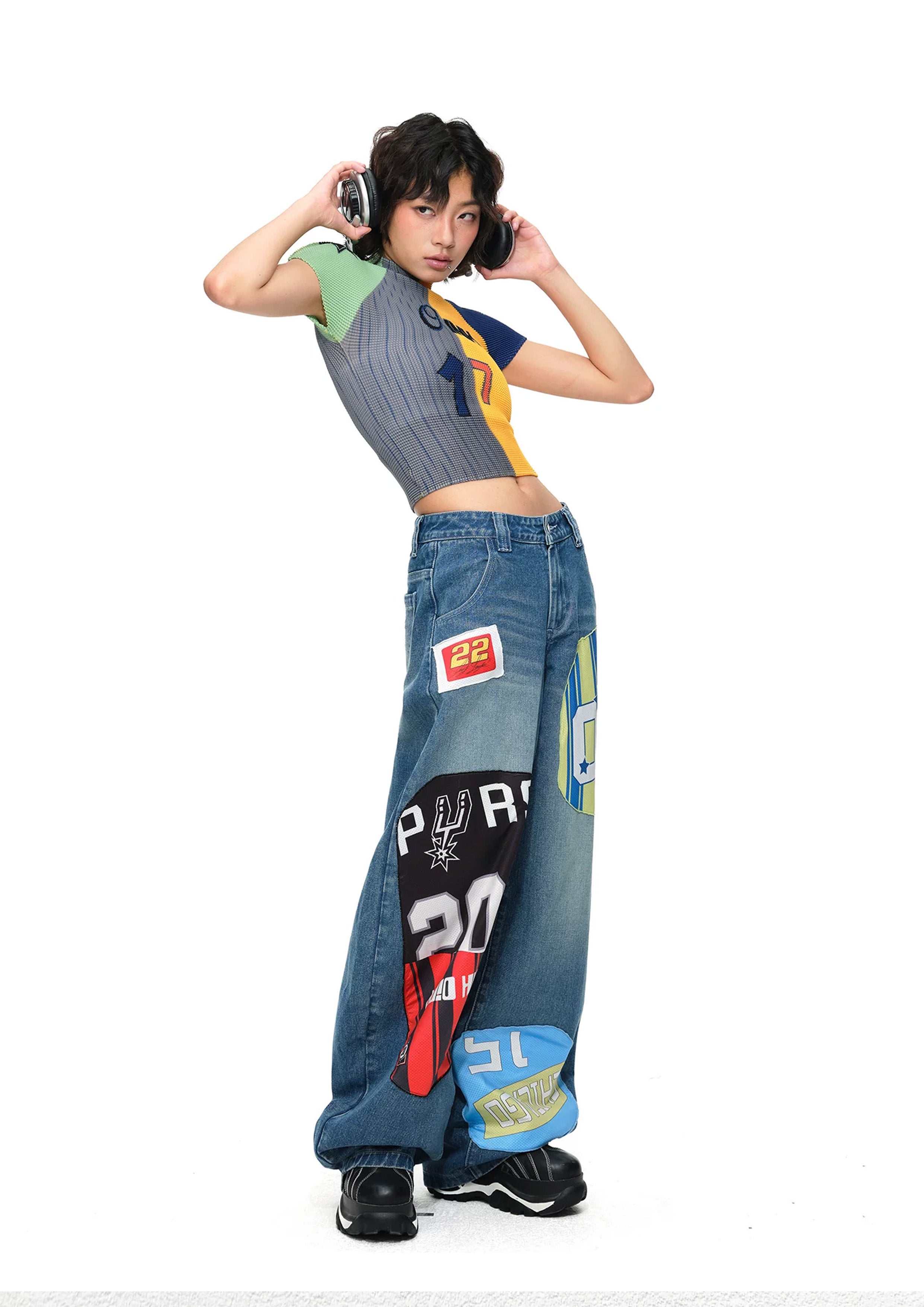 Splice crinkle stretch crop tee - yellow & grey