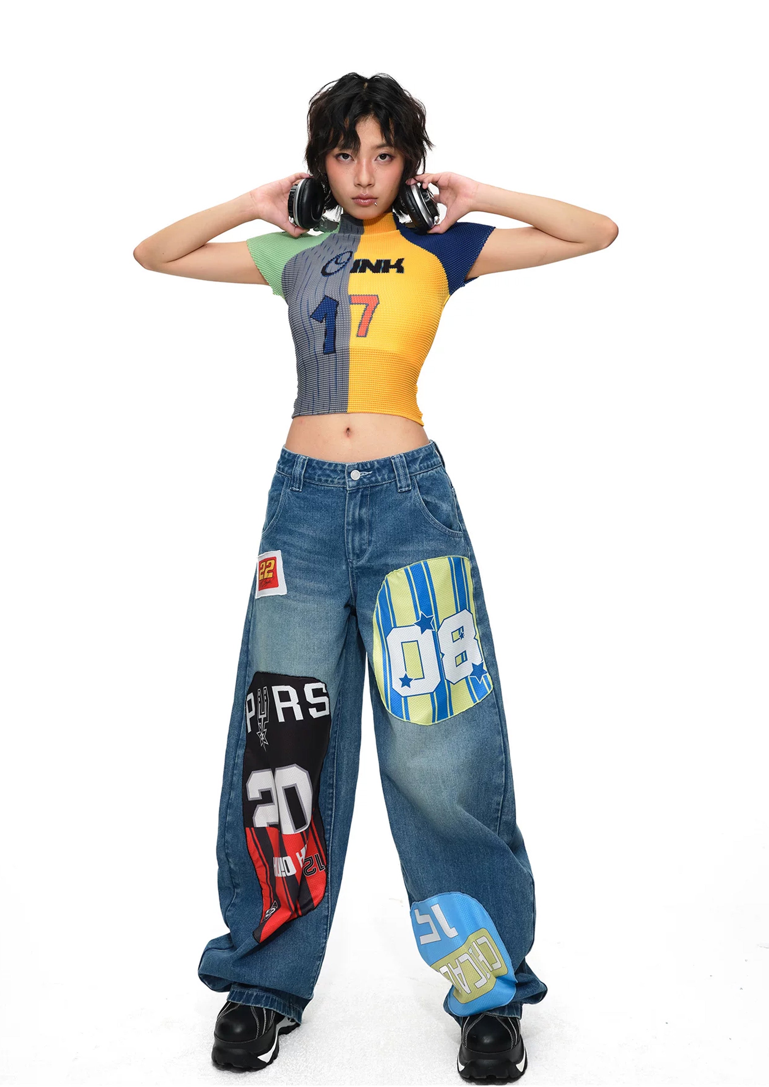 Splice crinkle stretch crop tee - yellow & grey
