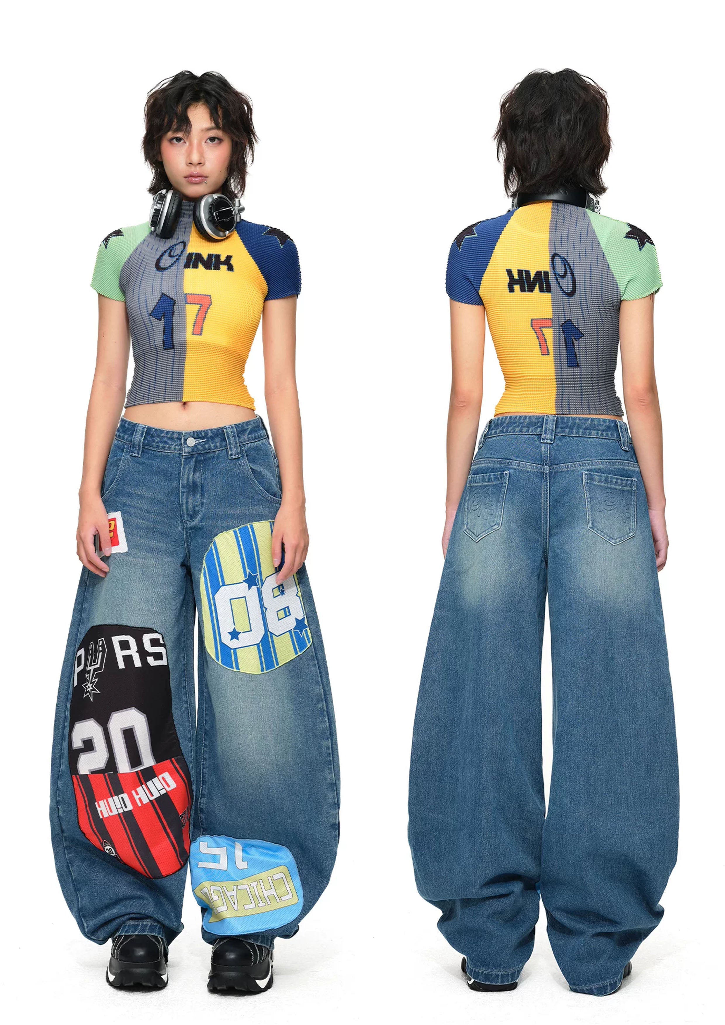 Splice crinkle stretch crop tee - yellow & grey