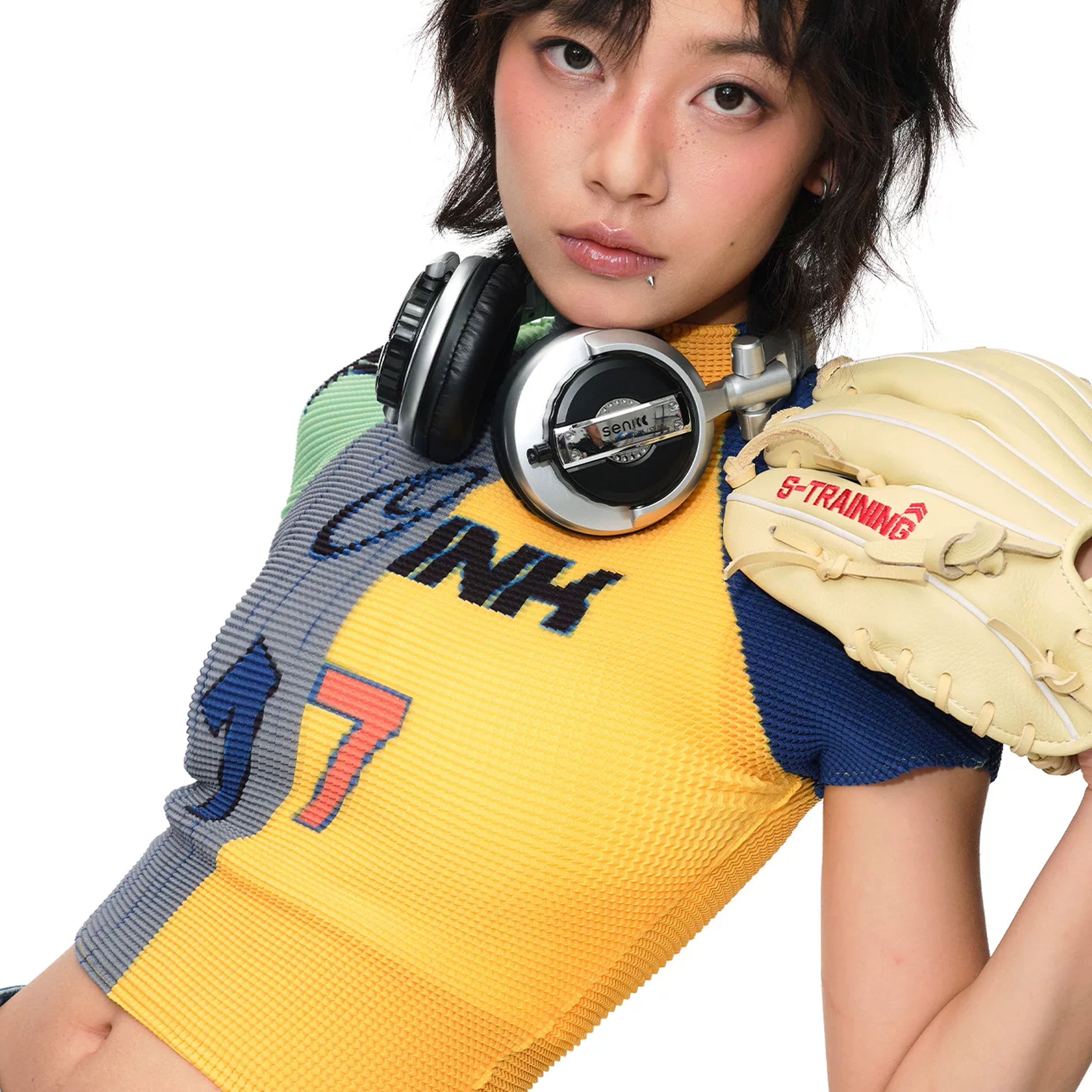 Splice crinkle stretch crop tee - yellow & grey