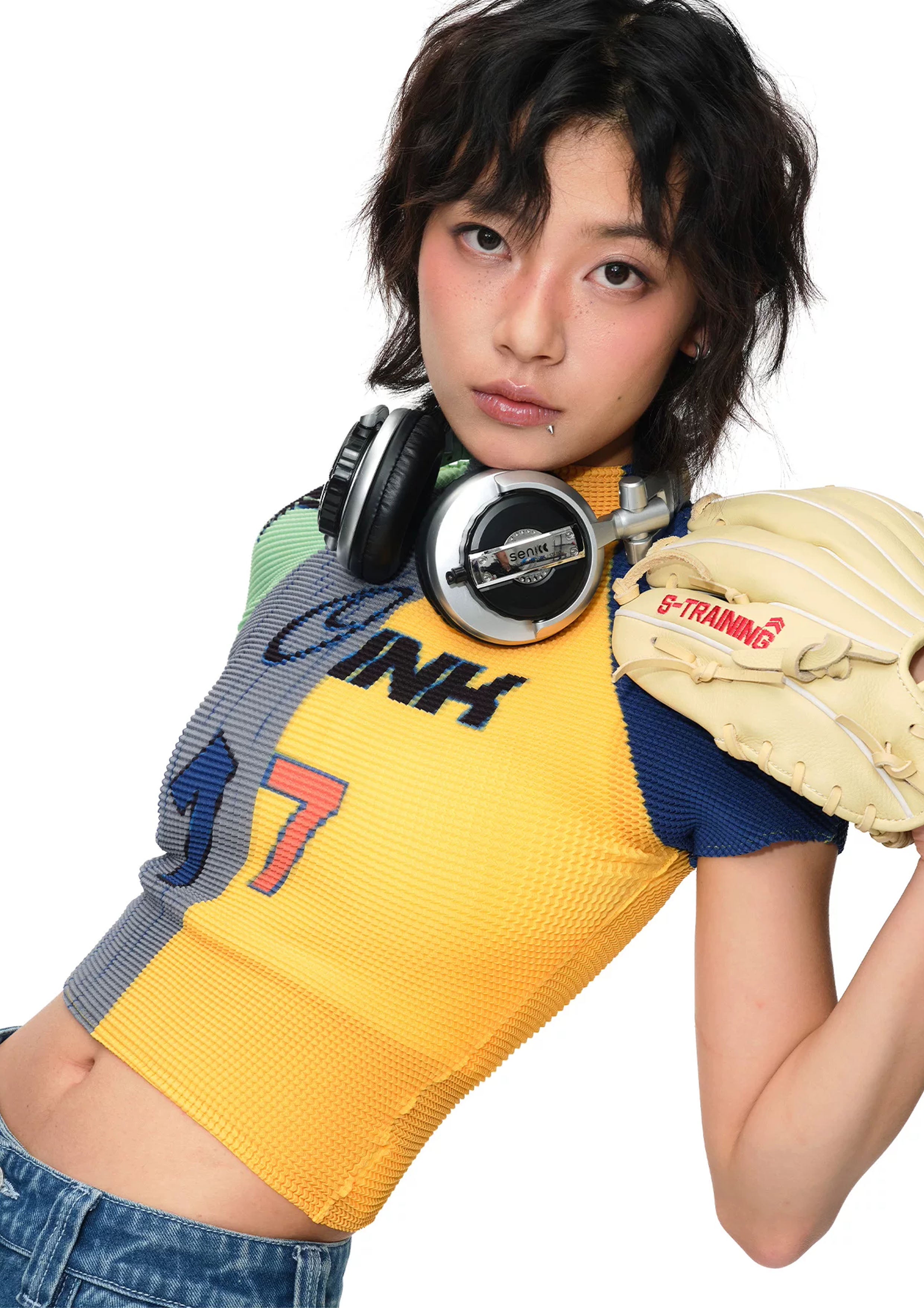 Splice crinkle stretch crop tee - yellow & grey