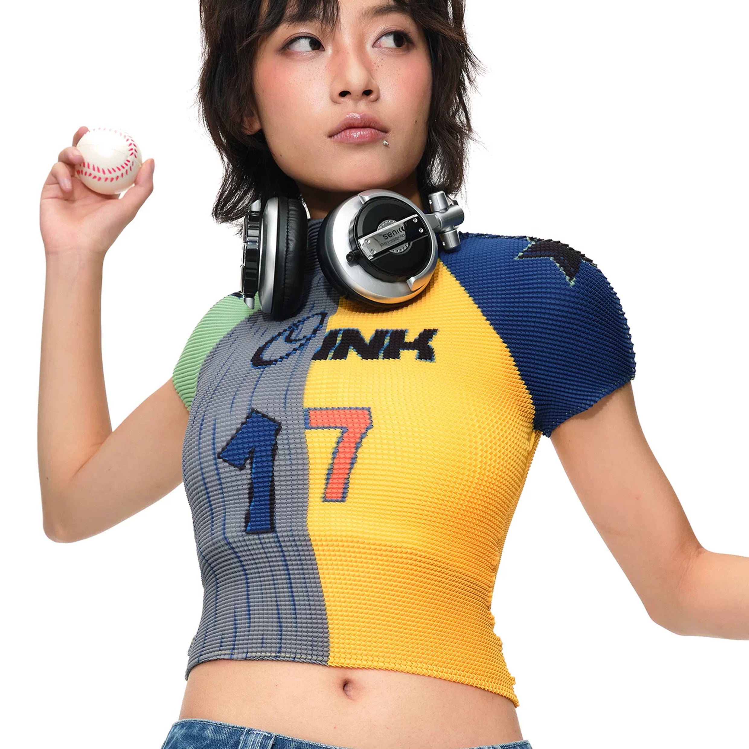 Splice crinkle stretch crop tee - yellow & grey