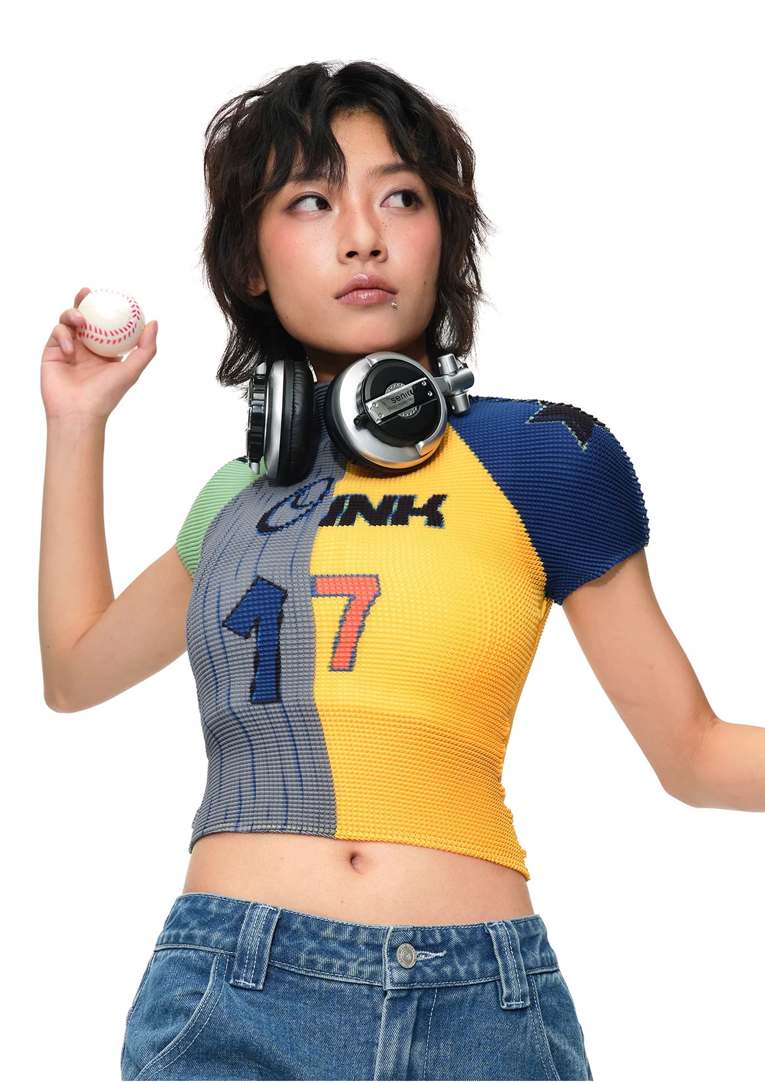 Splice crinkle stretch crop tee - yellow & grey