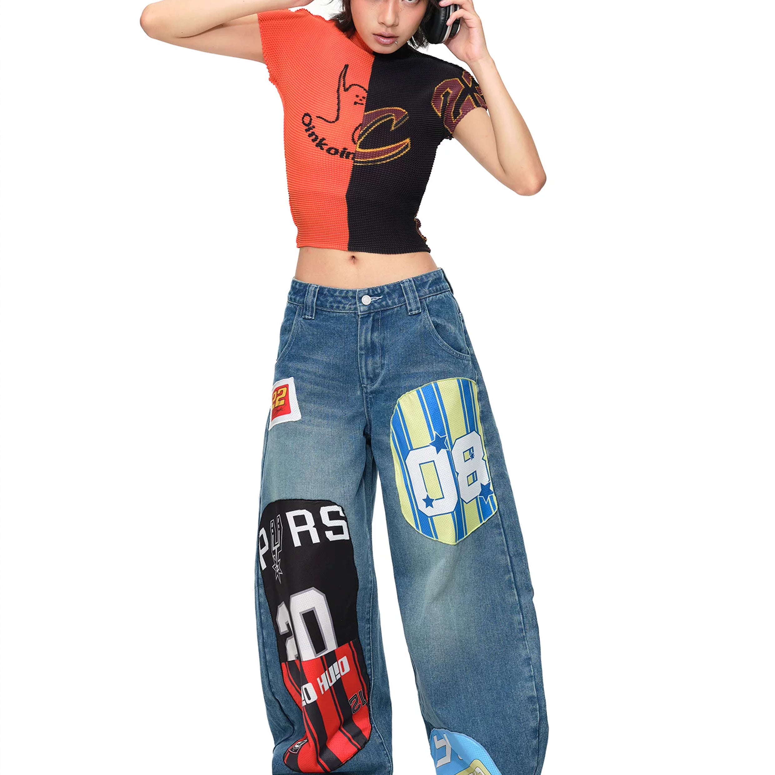 Splice crinkle stretch crop tee - orange & black