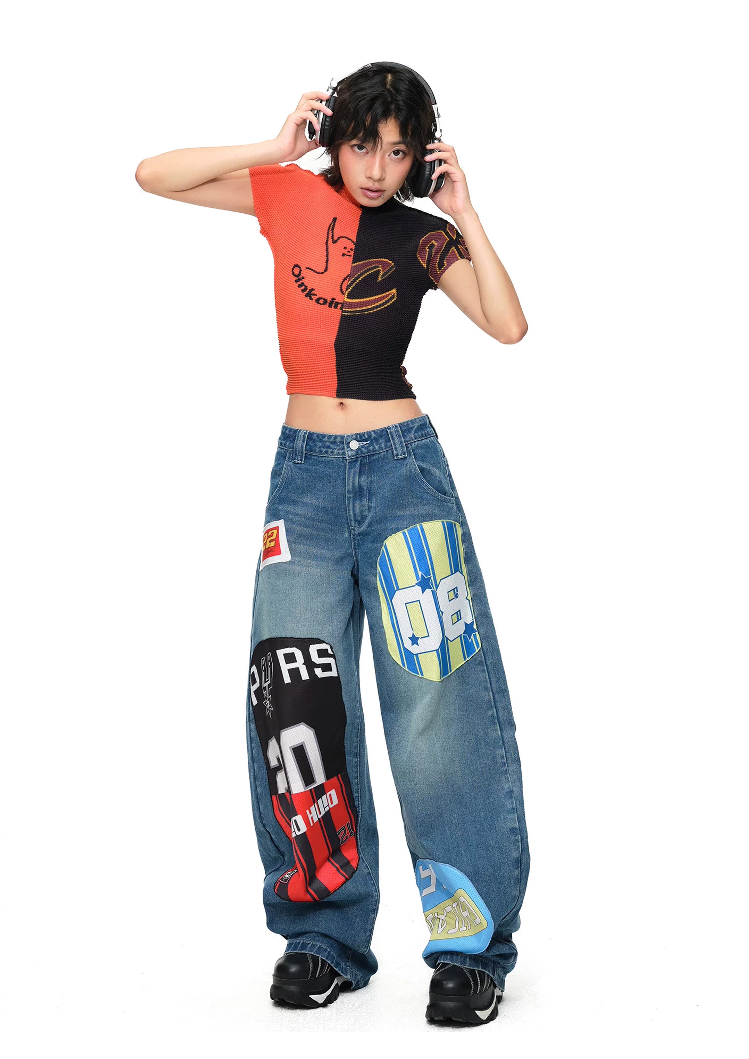 Splice crinkle stretch crop tee - orange & black