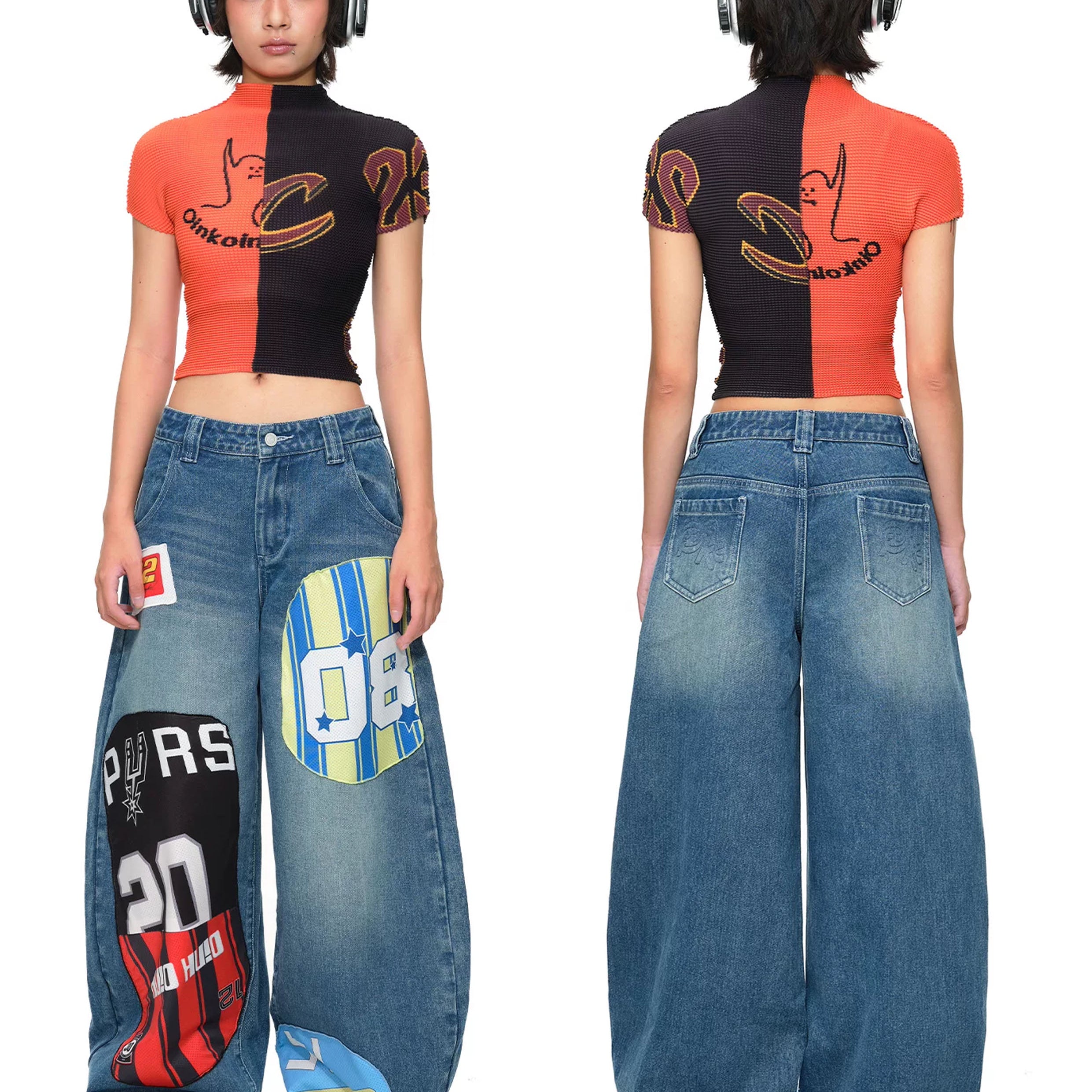 Splice crinkle stretch crop tee - orange & black