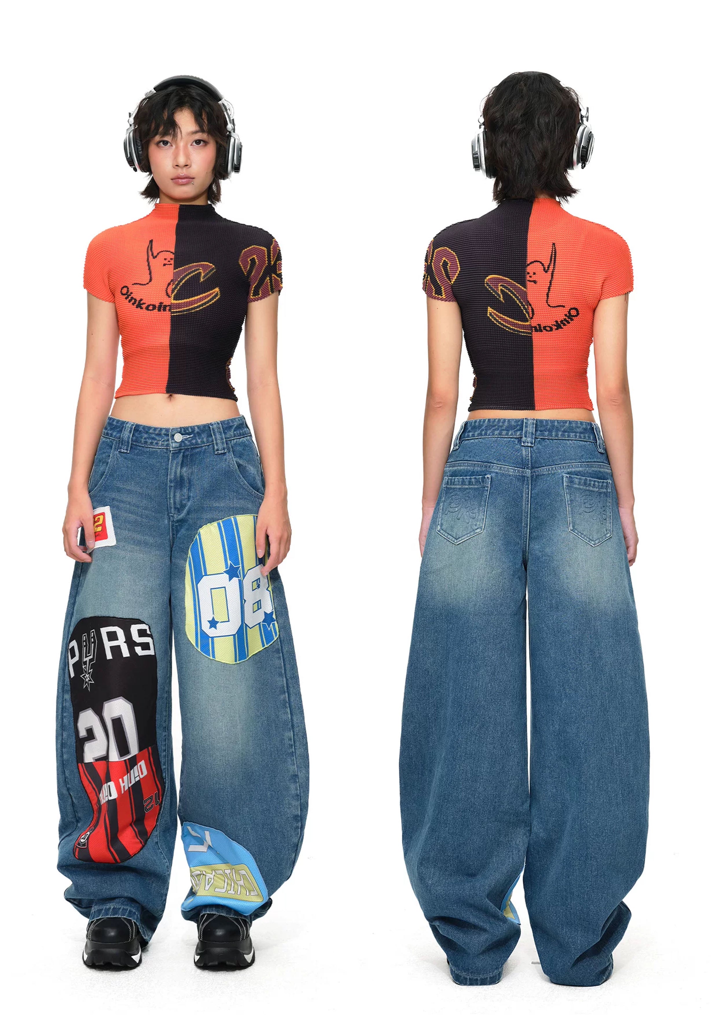 Splice crinkle stretch crop tee - orange & black