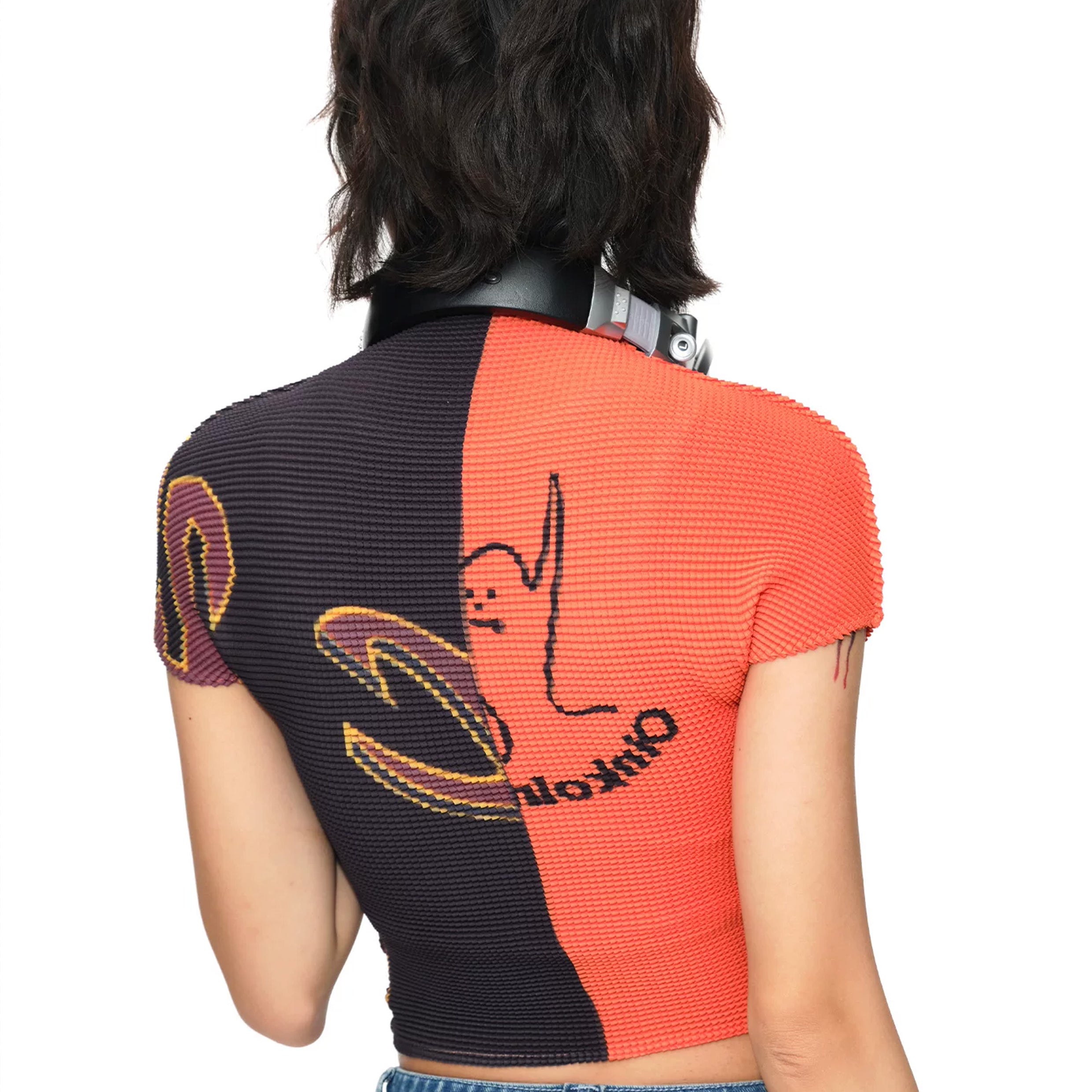 Splice crinkle stretch crop tee - orange & black