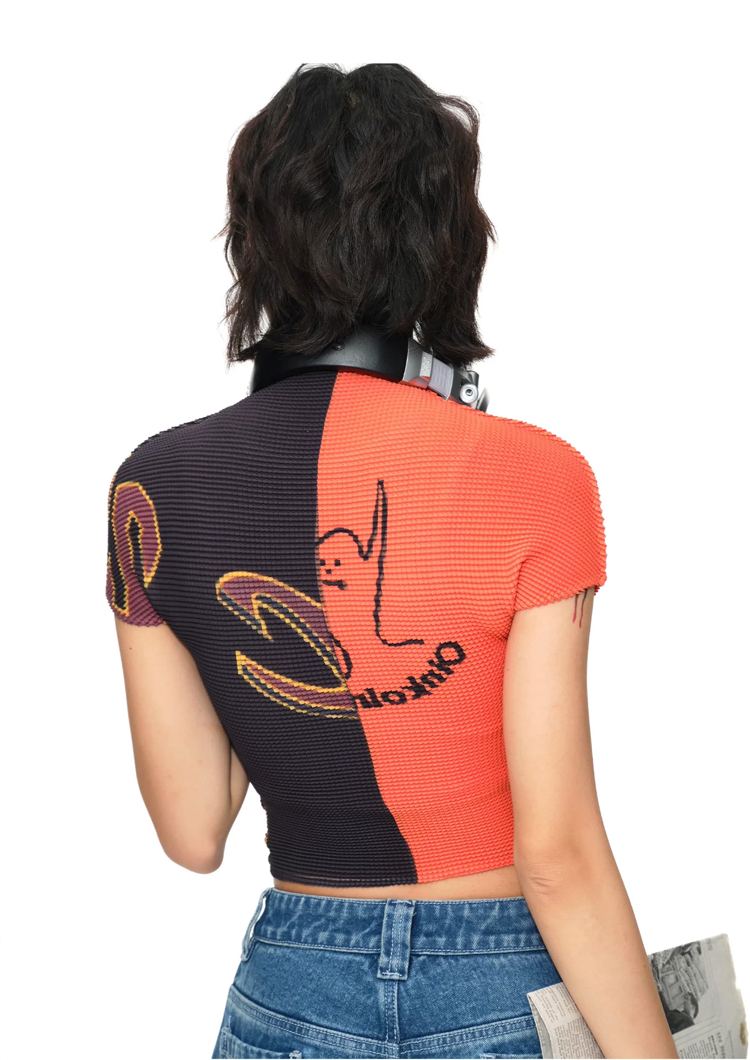 Splice crinkle stretch crop tee - orange & black
