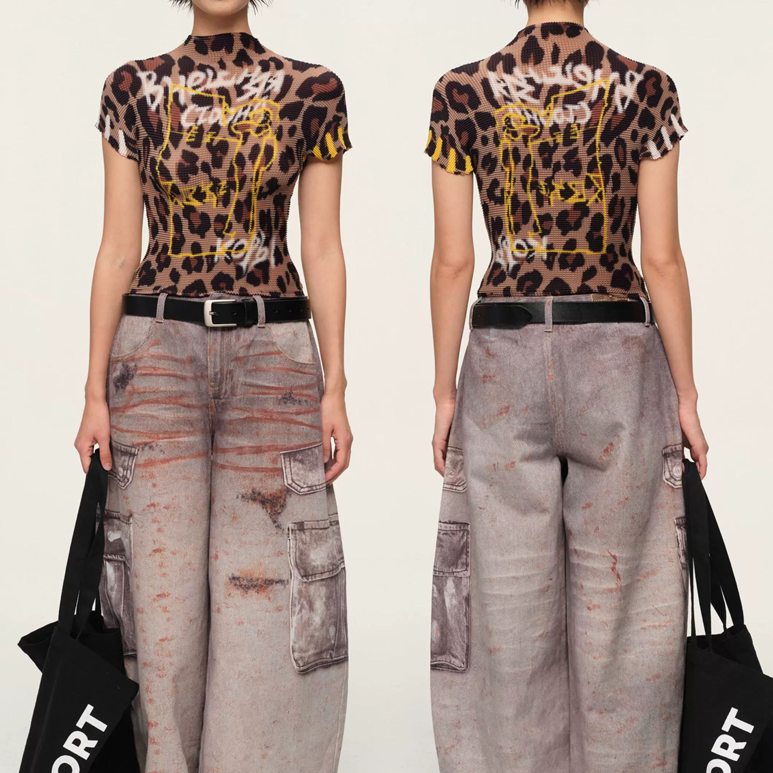 Graffiti crinkle stretch crop tee - leopard