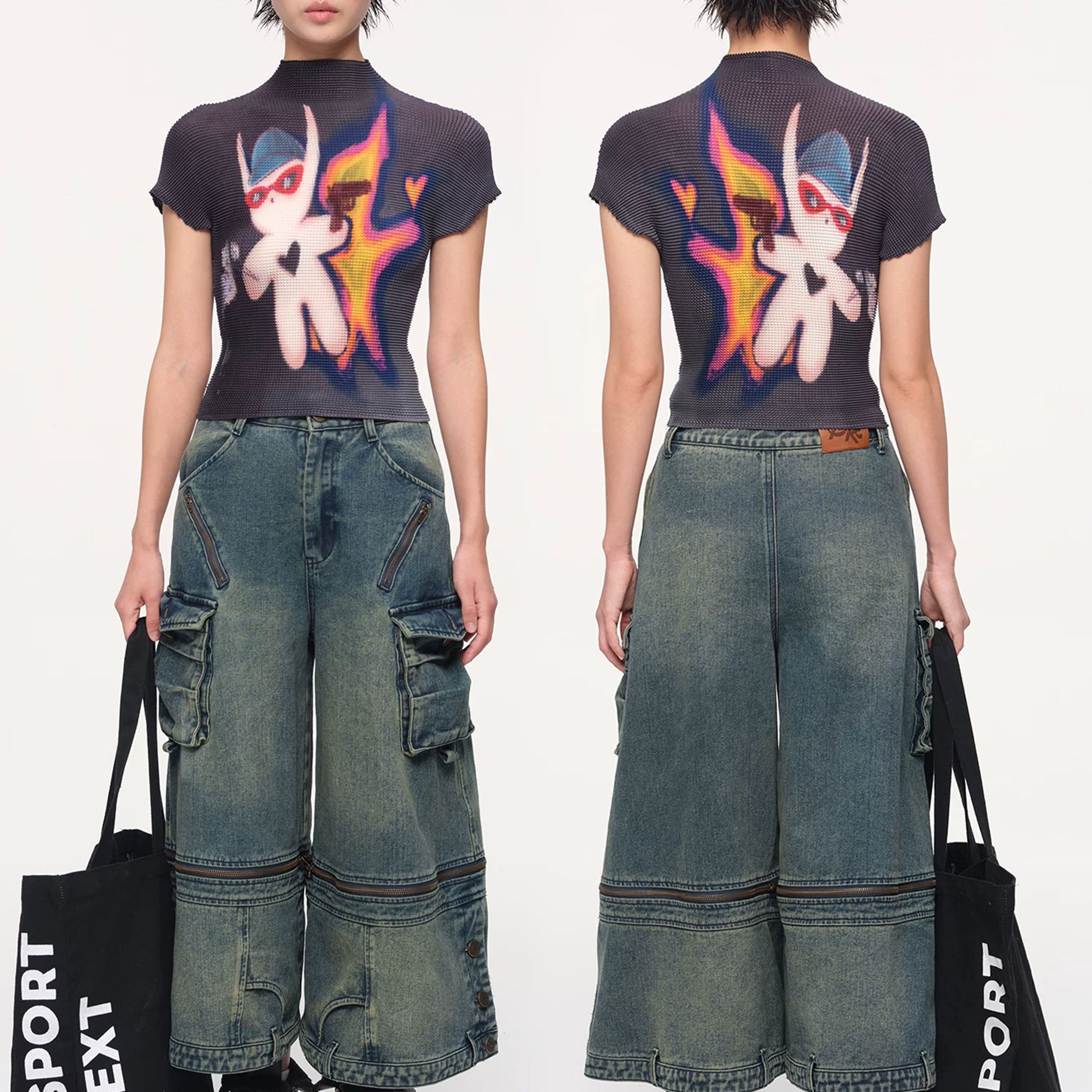 OKman crinkle stretch crop tee - charcoal