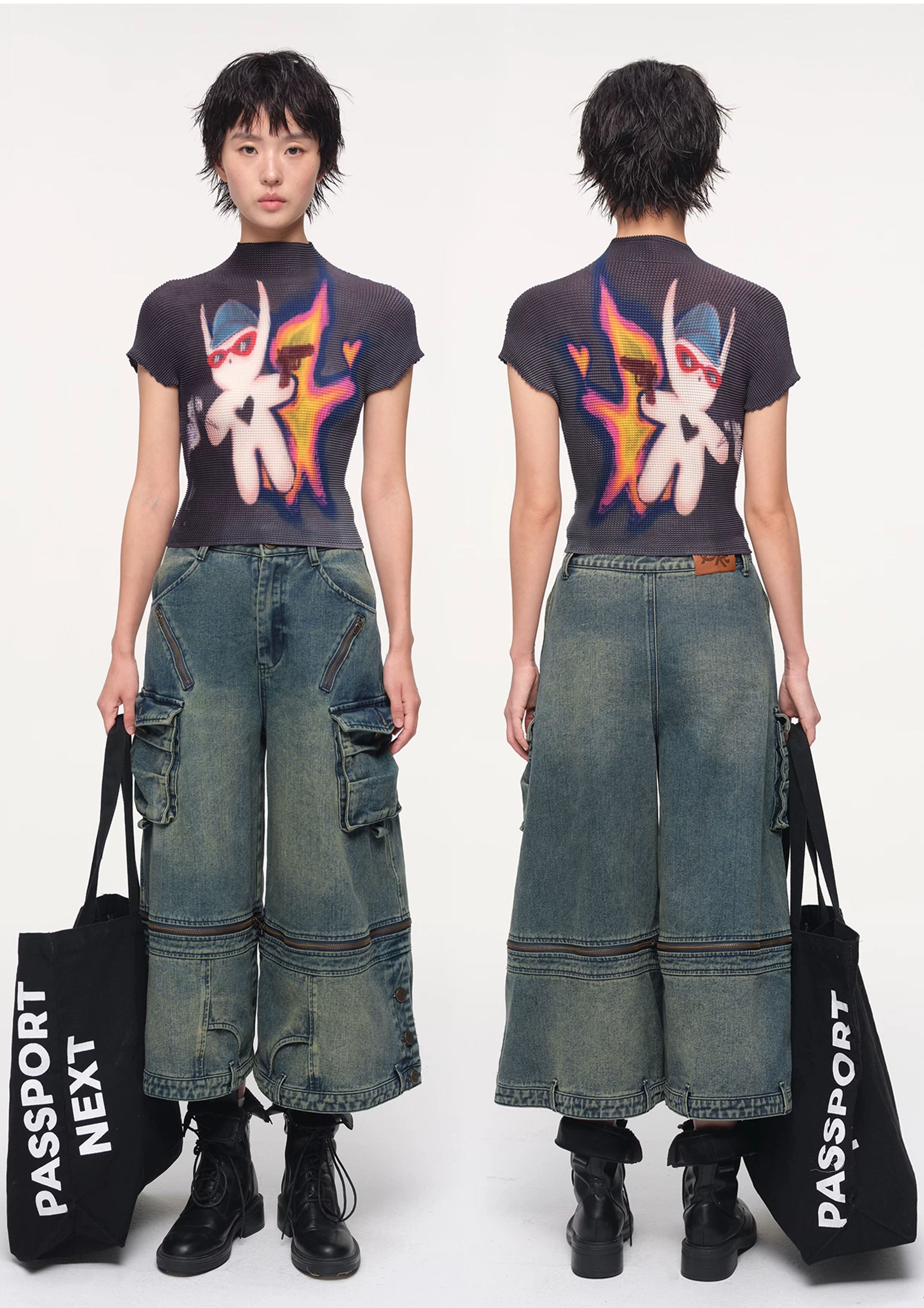 OKman crinkle stretch crop tee - charcoal