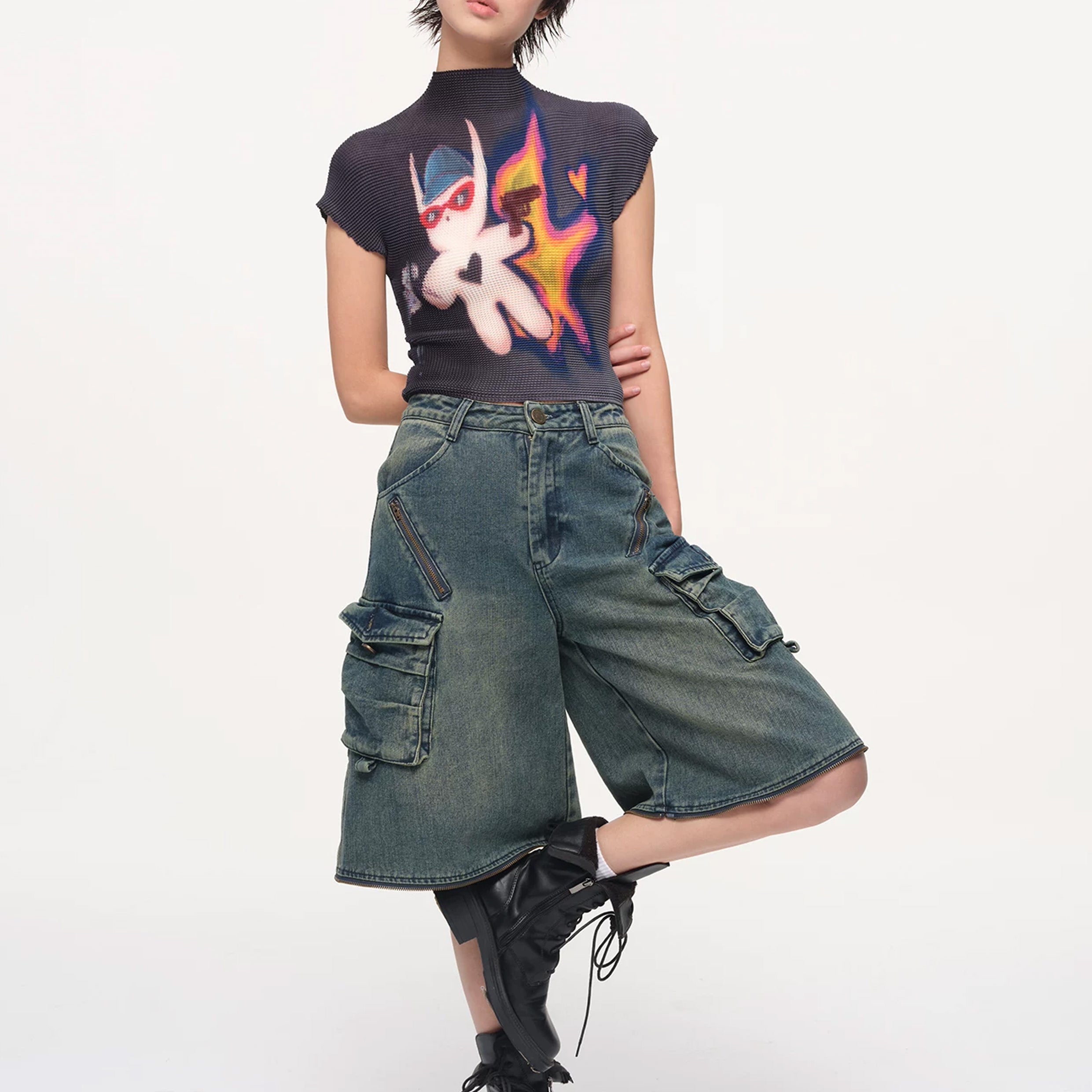 OKman crinkle stretch crop tee - charcoal