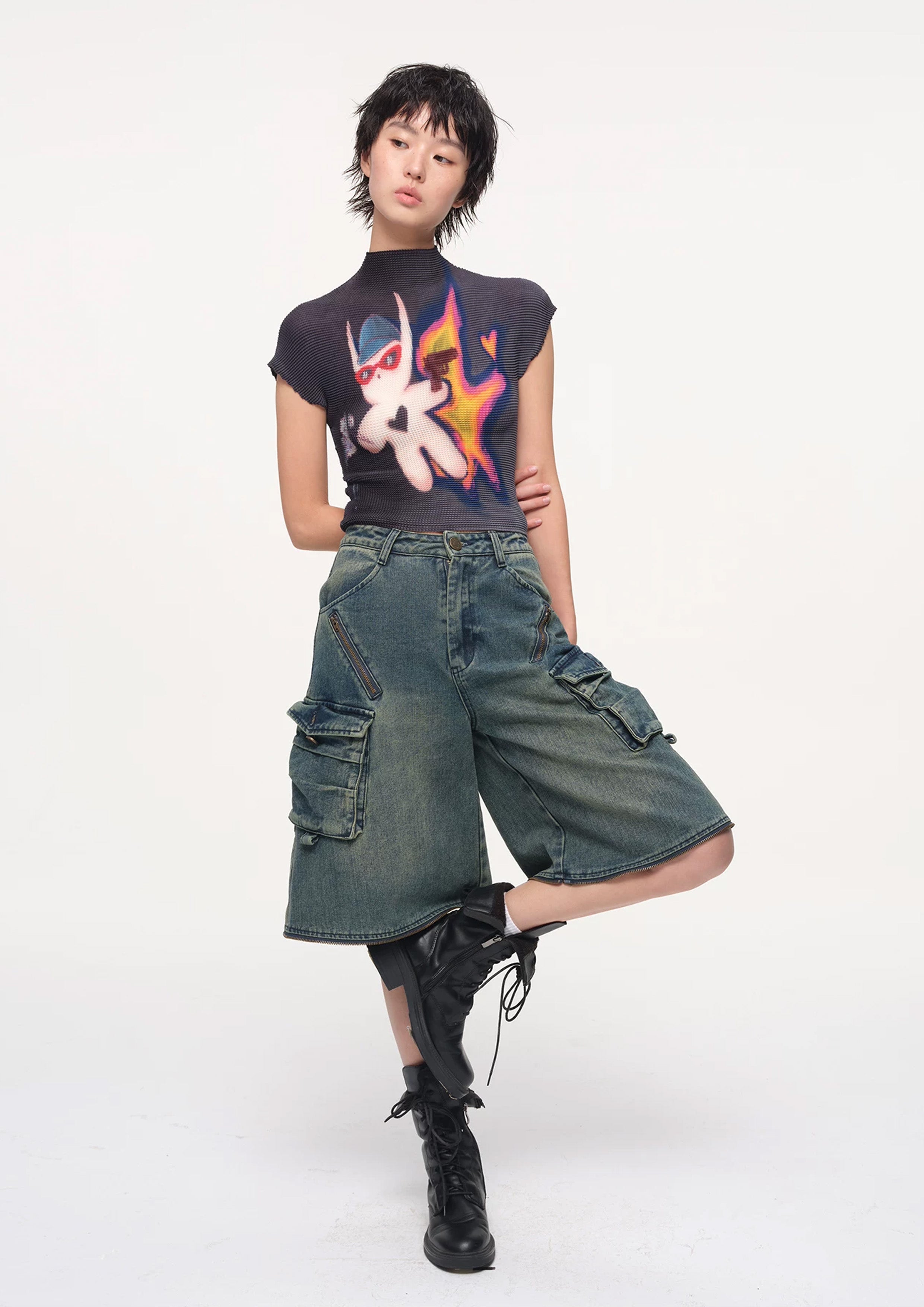 OKman crinkle stretch crop tee - charcoal