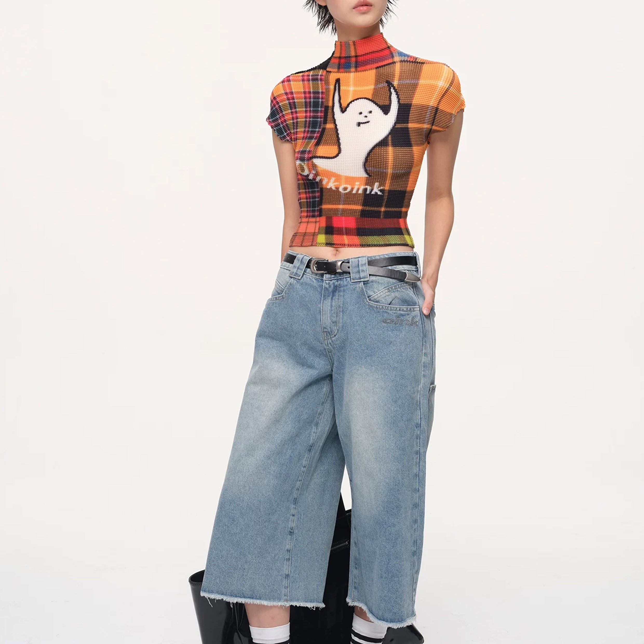 Ghost crinkle stretch crop tee - orange plaid