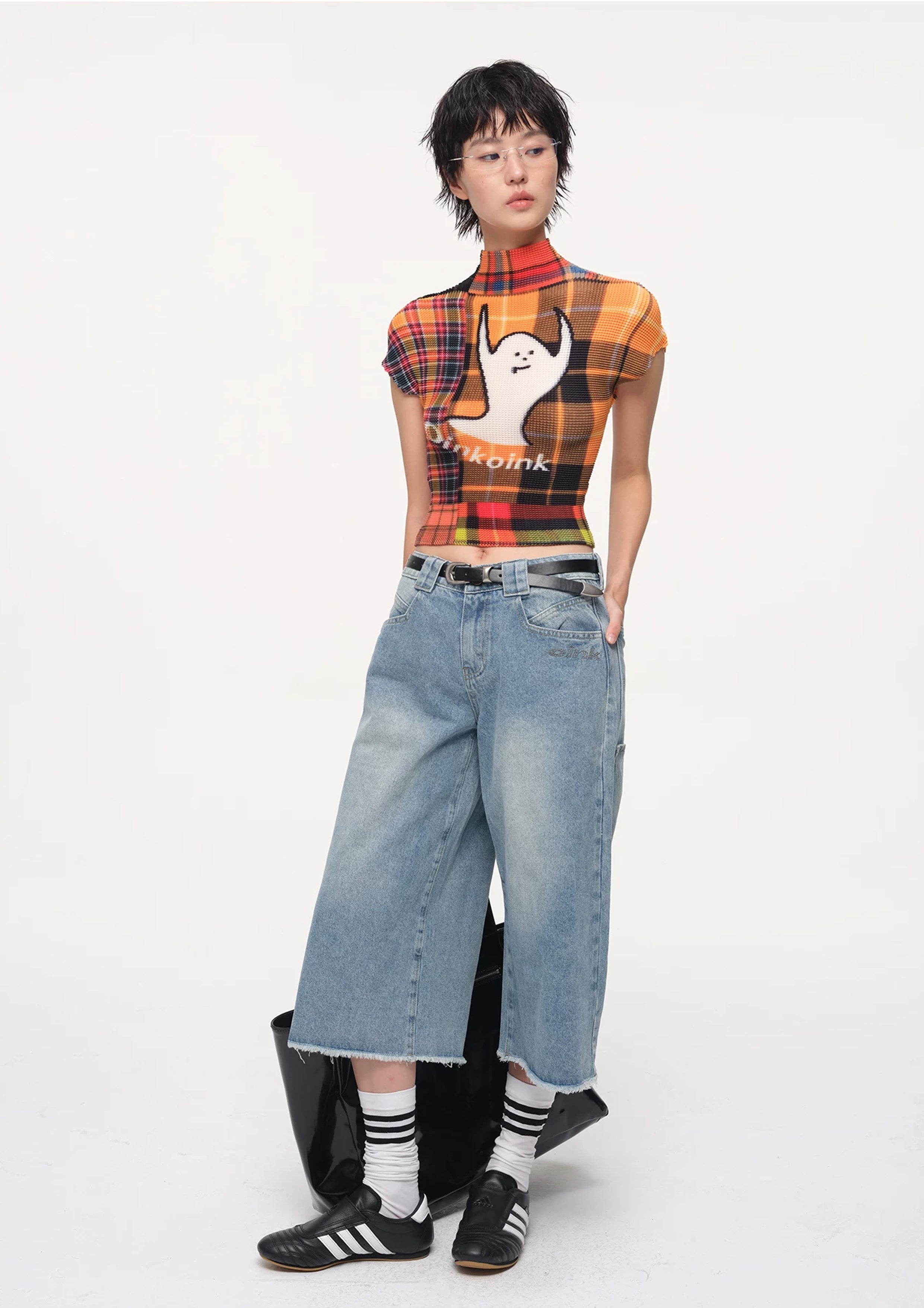 Ghost crinkle stretch crop tee - orange plaid