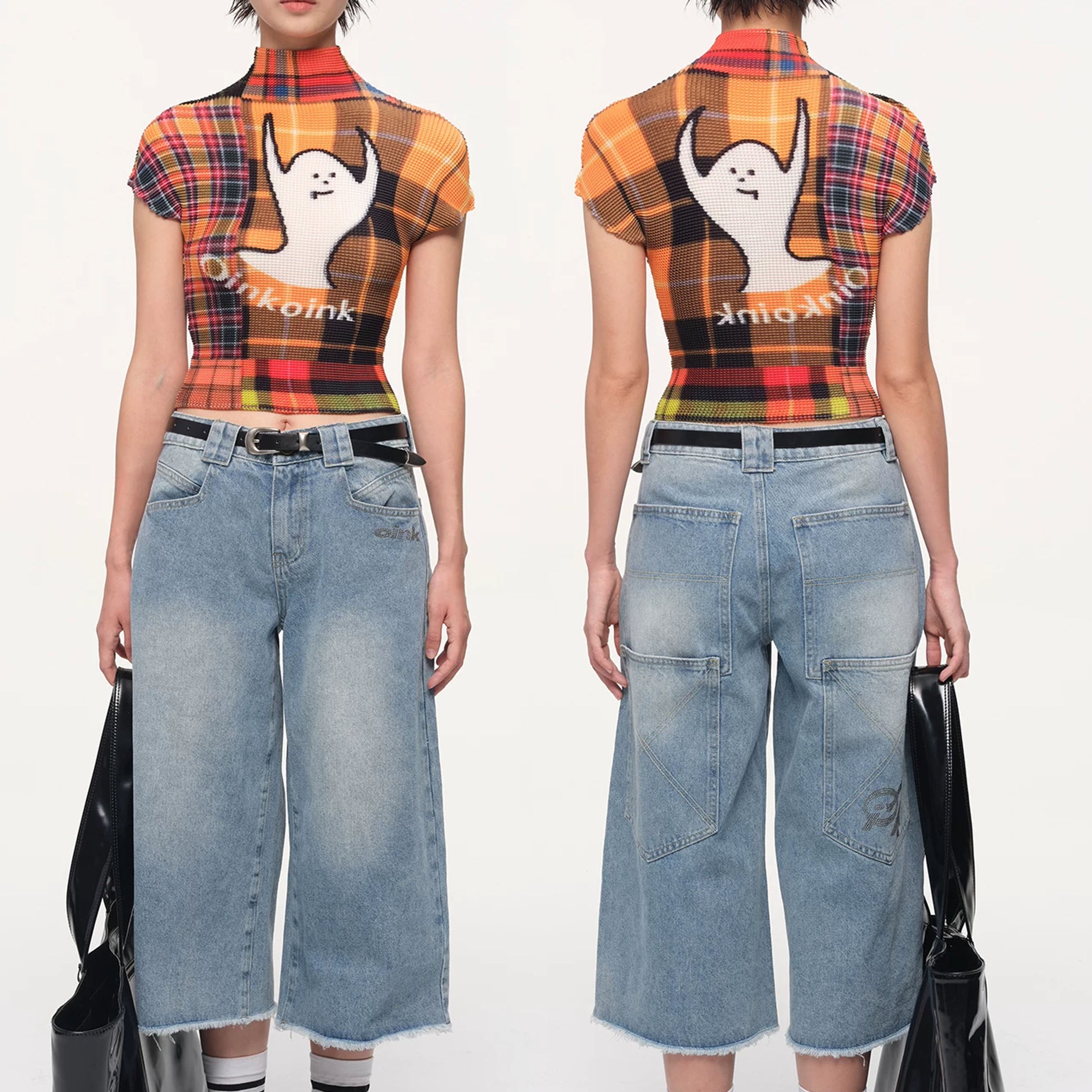 Ghost crinkle stretch crop tee - orange plaid