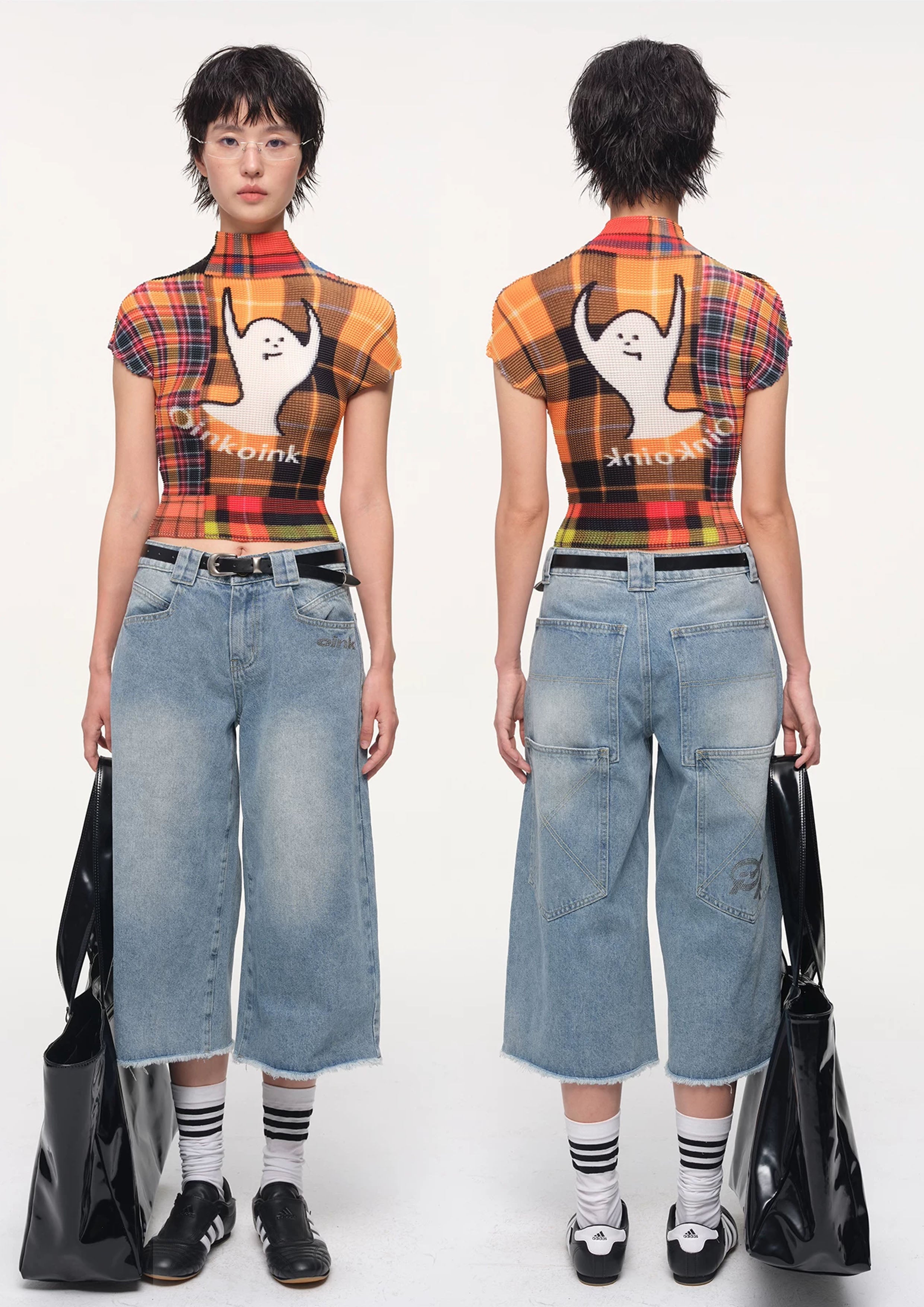 Ghost crinkle stretch crop tee - orange plaid