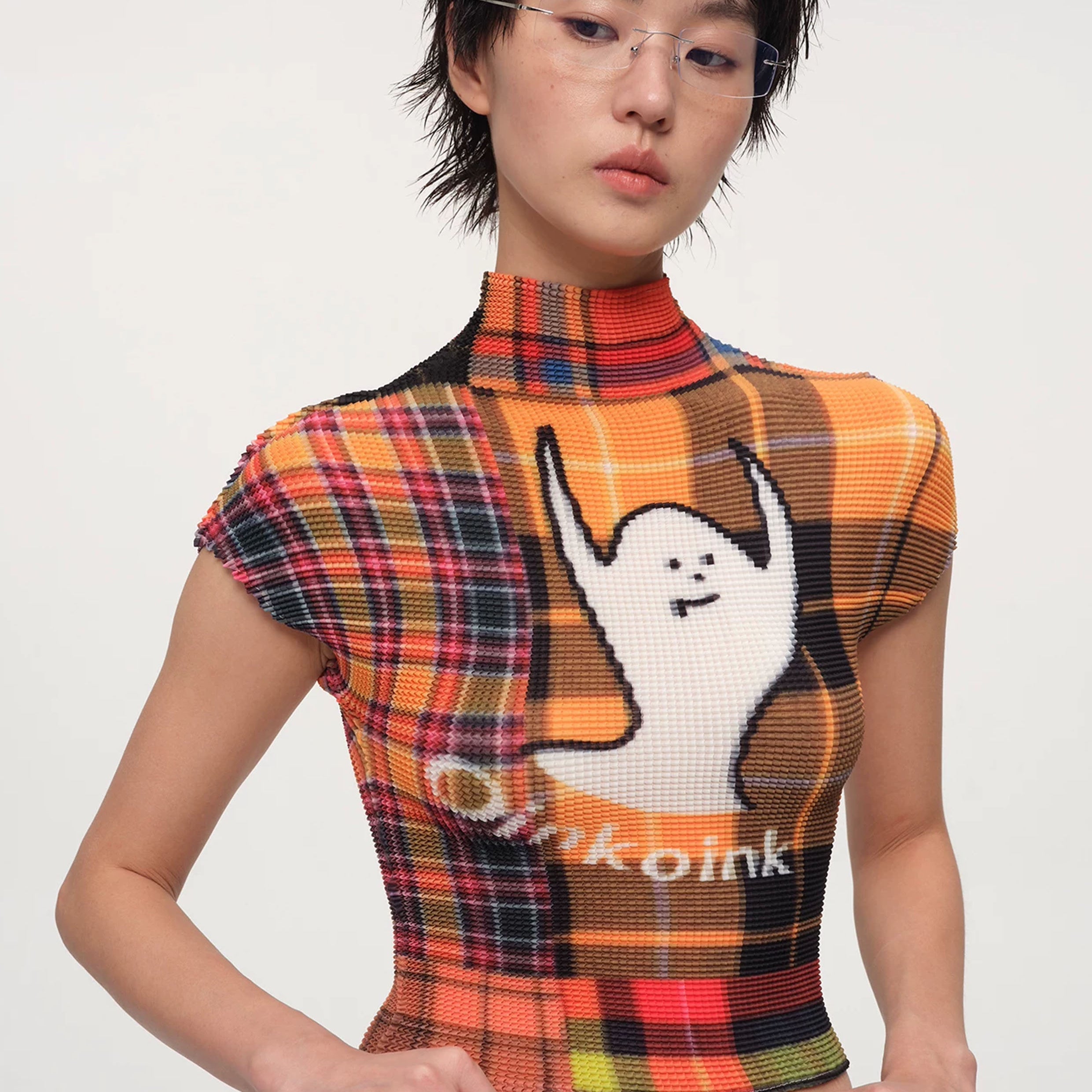 Ghost crinkle stretch crop tee - orange plaid