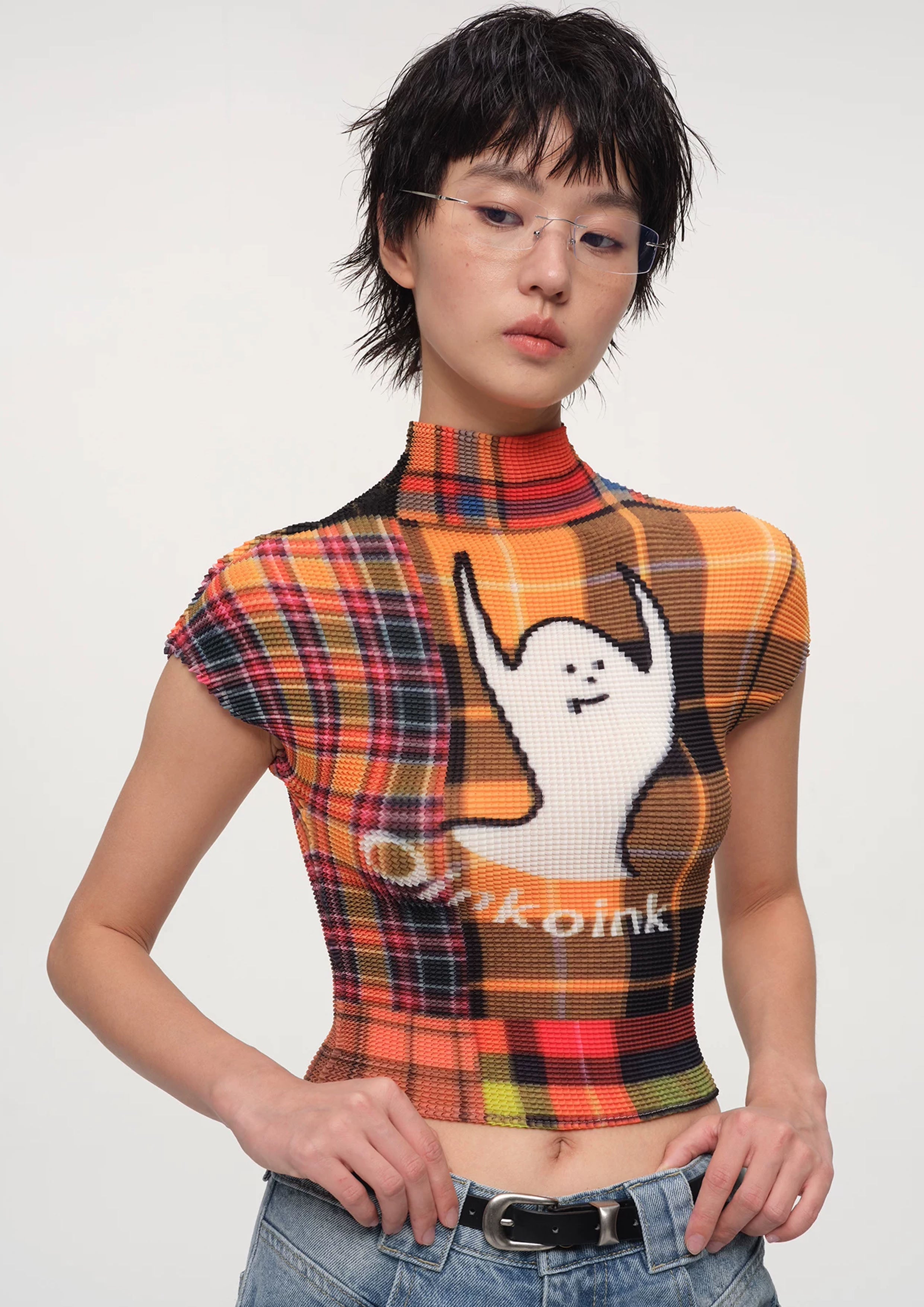 Ghost crinkle stretch crop tee - orange plaid