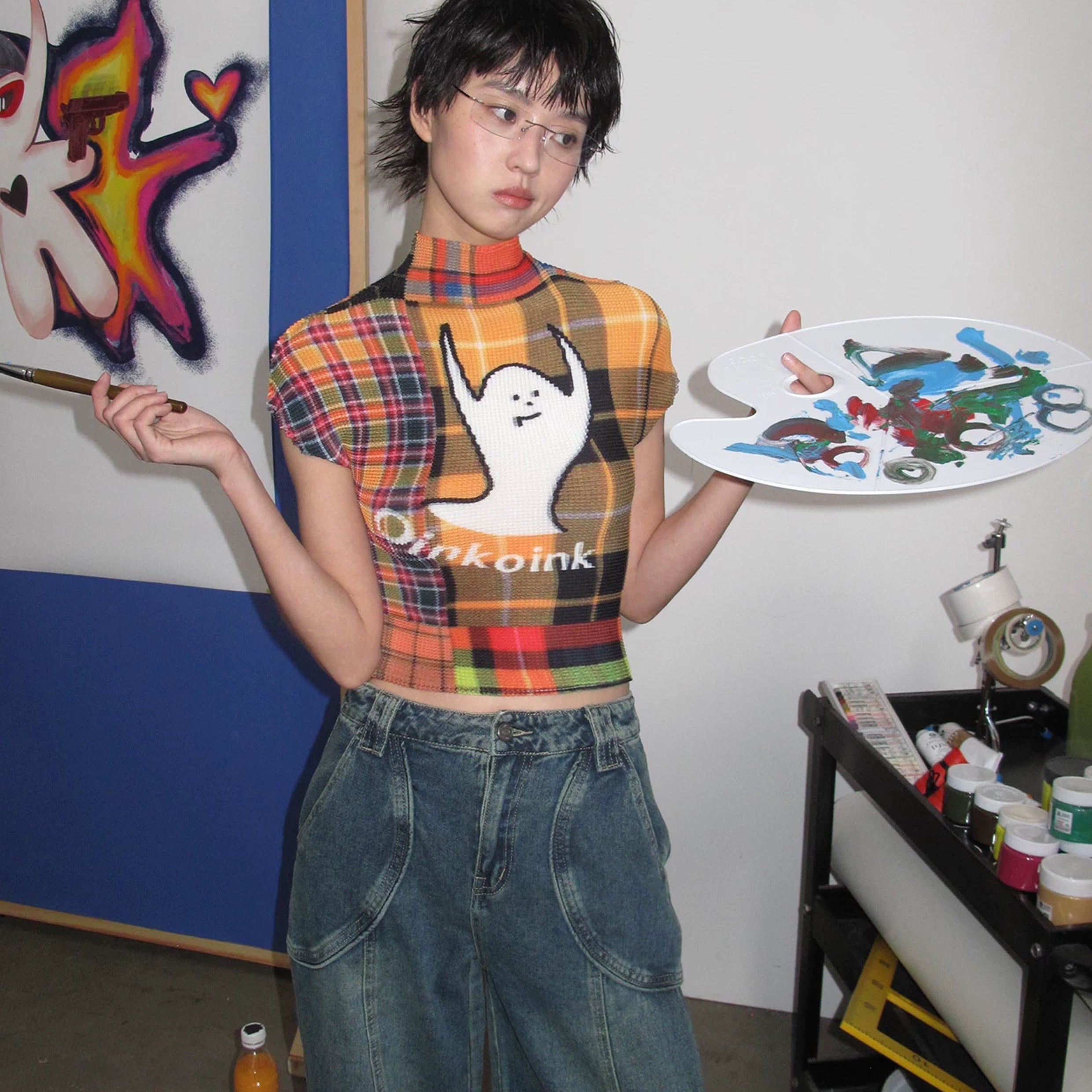 Ghost crinkle stretch crop tee - orange plaid