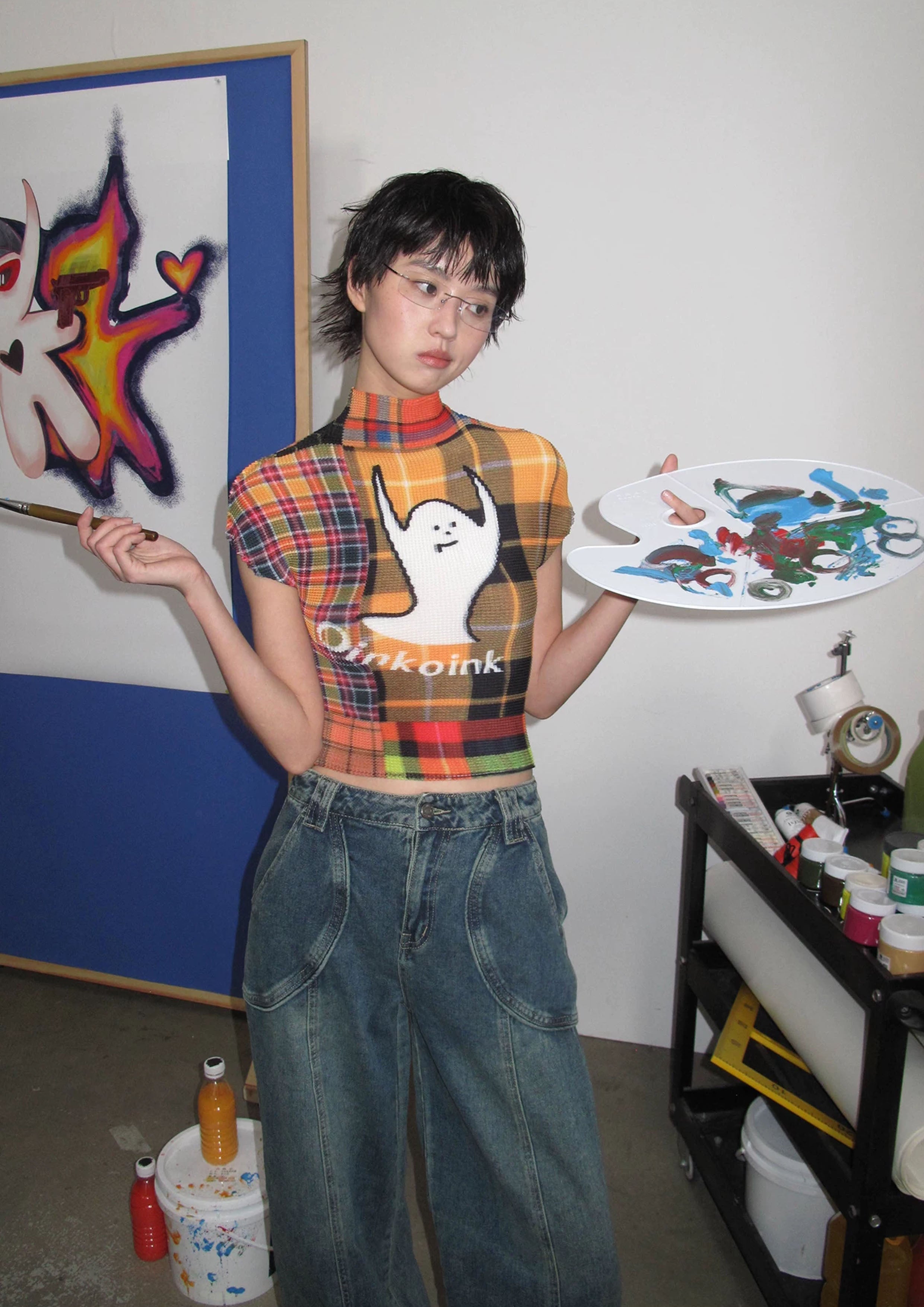 Ghost crinkle stretch crop tee - orange plaid