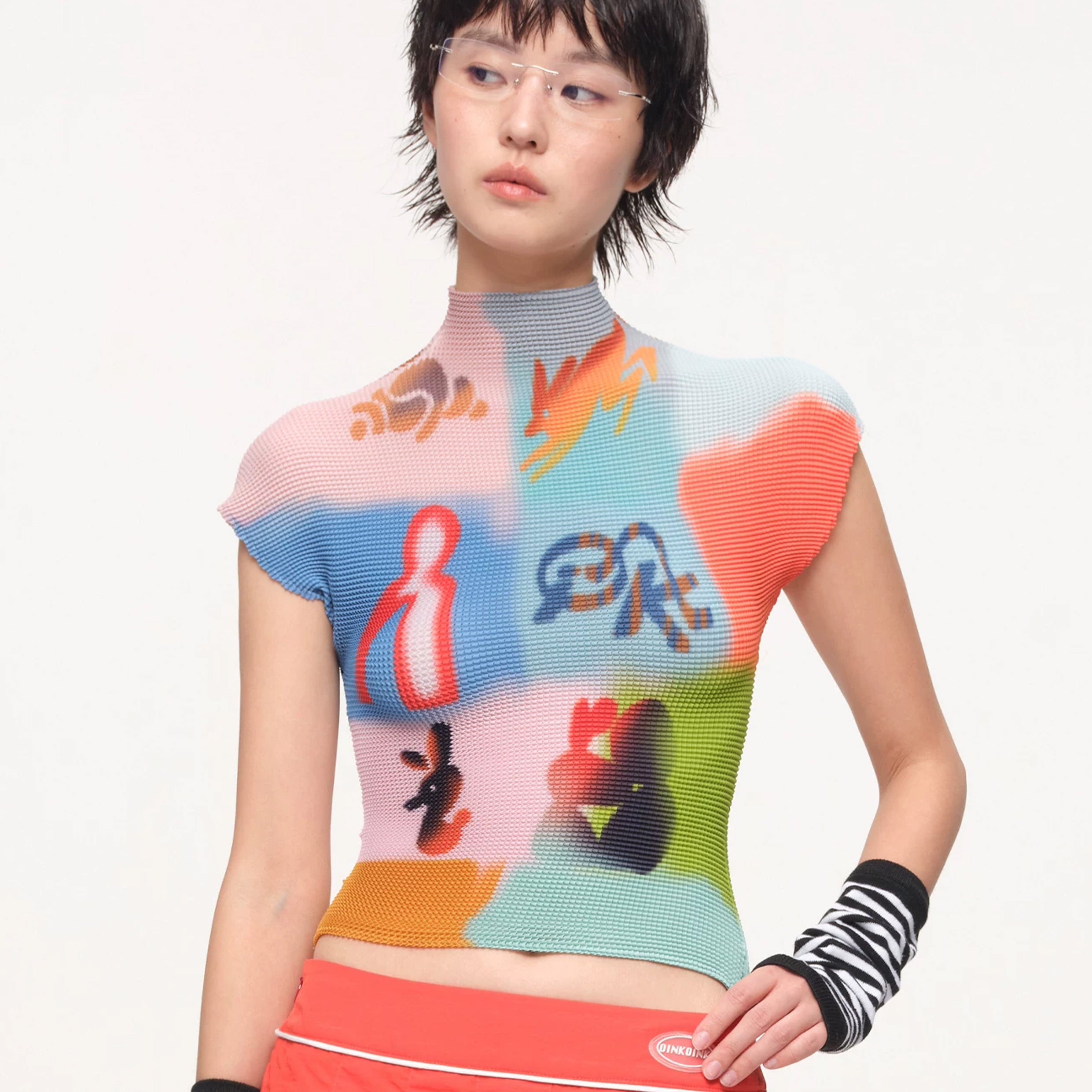 Splice crinkle stretch crop tee - multicolour