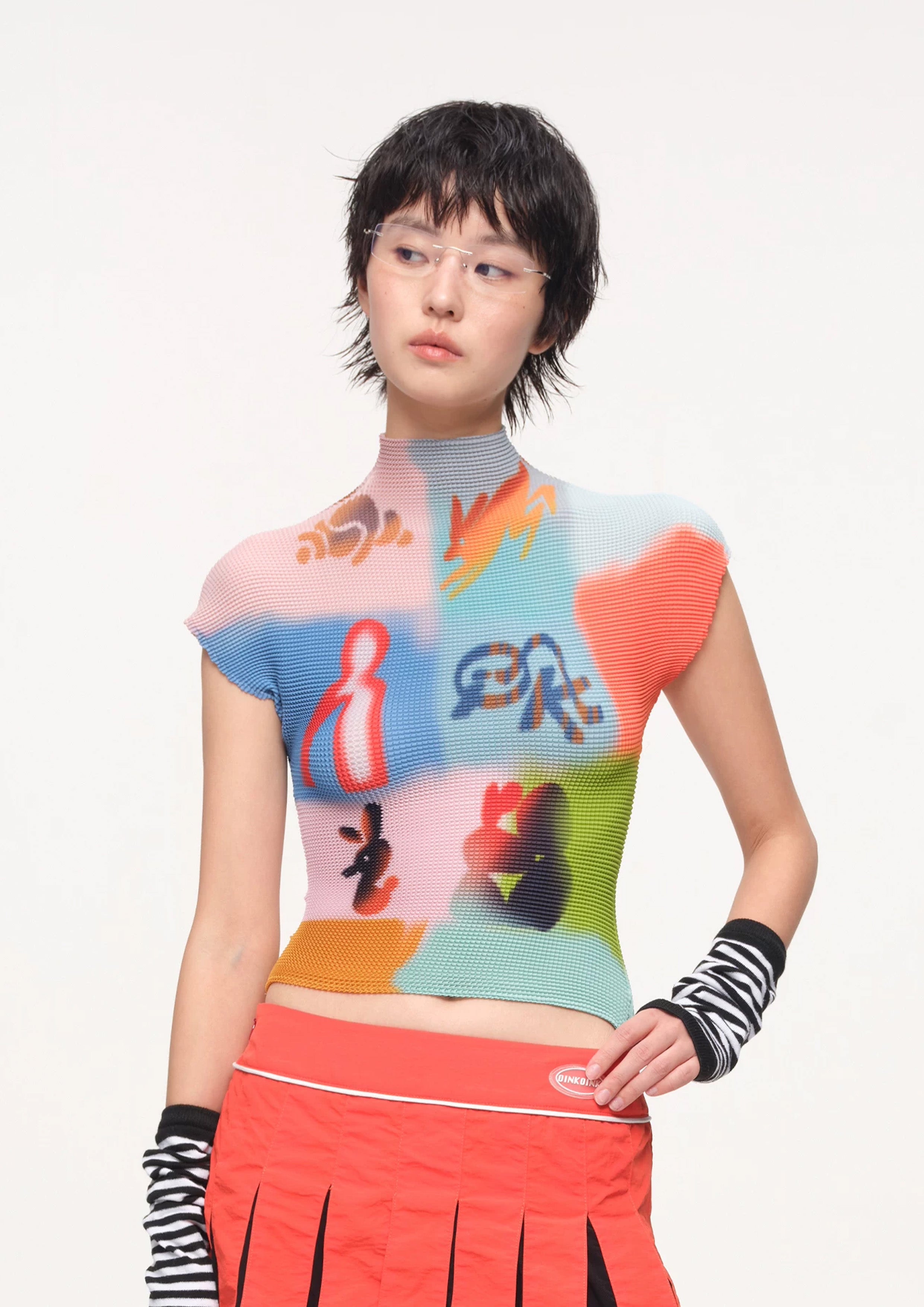 Splice crinkle stretch crop tee - multicolour