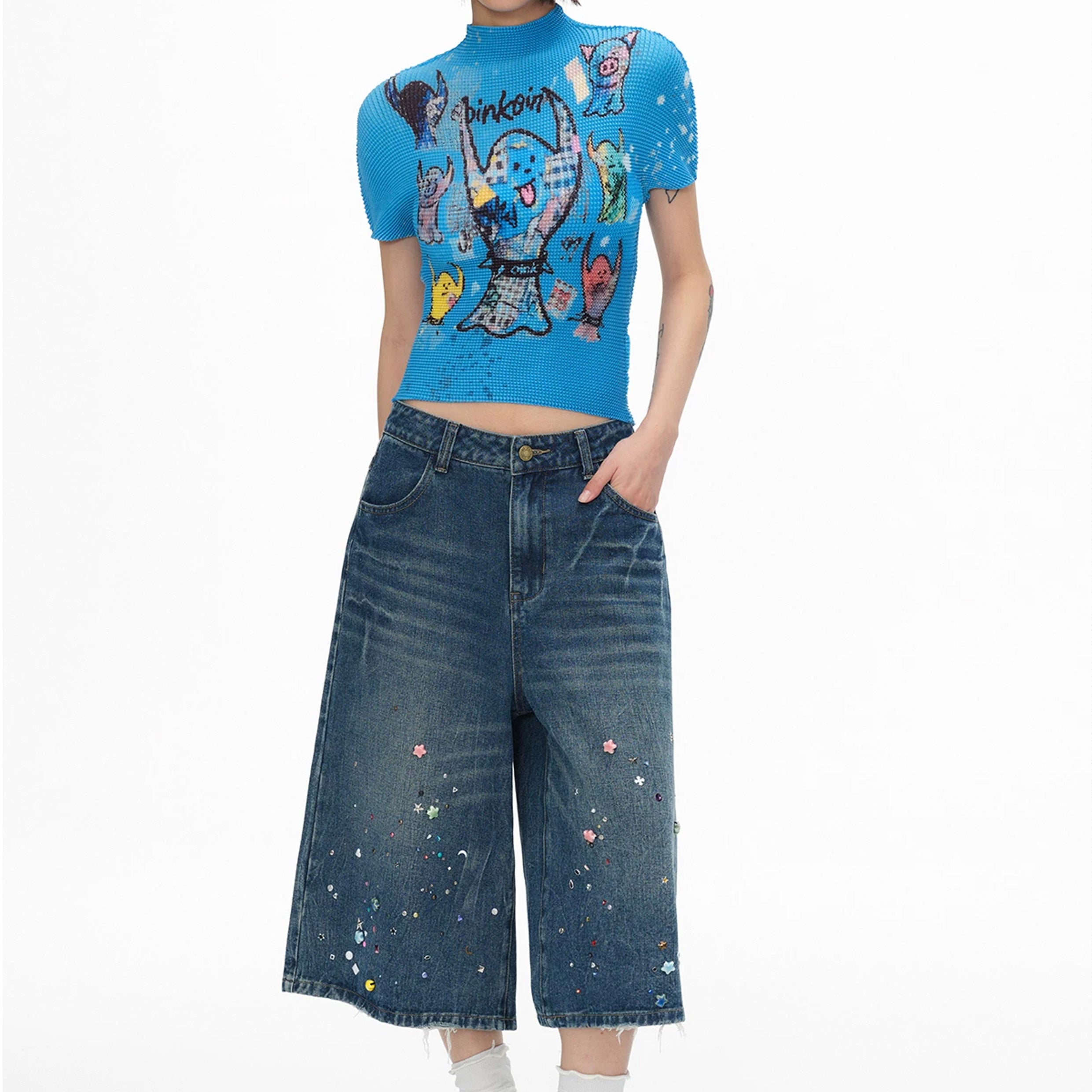 Ghost crinkle stretch crop tee - blue
