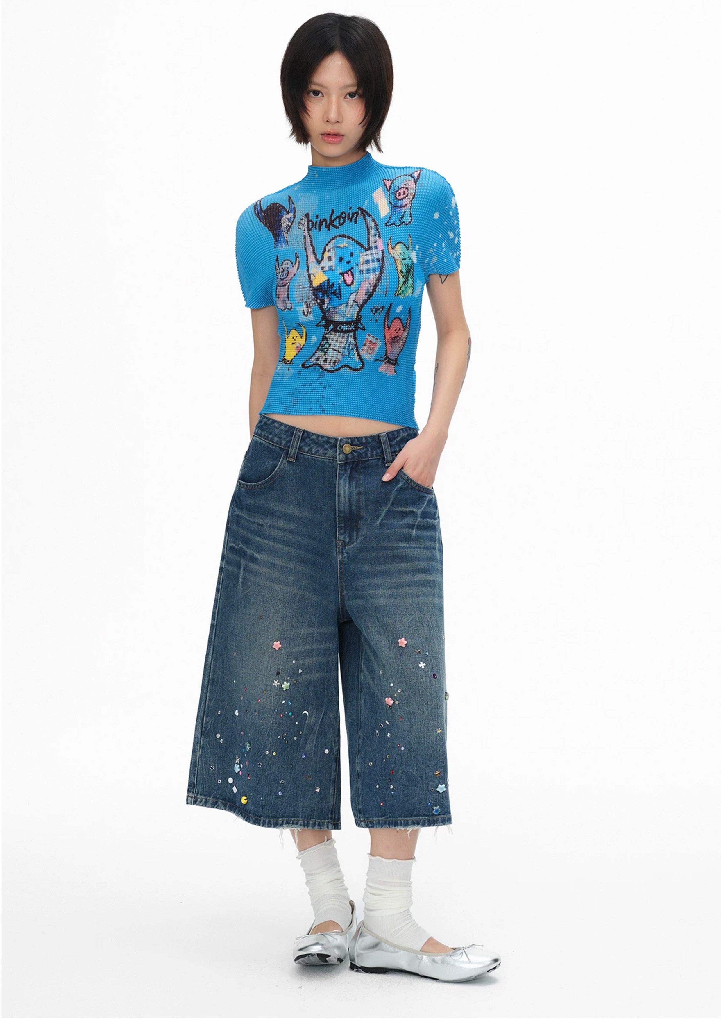 Ghost crinkle stretch crop tee - blue