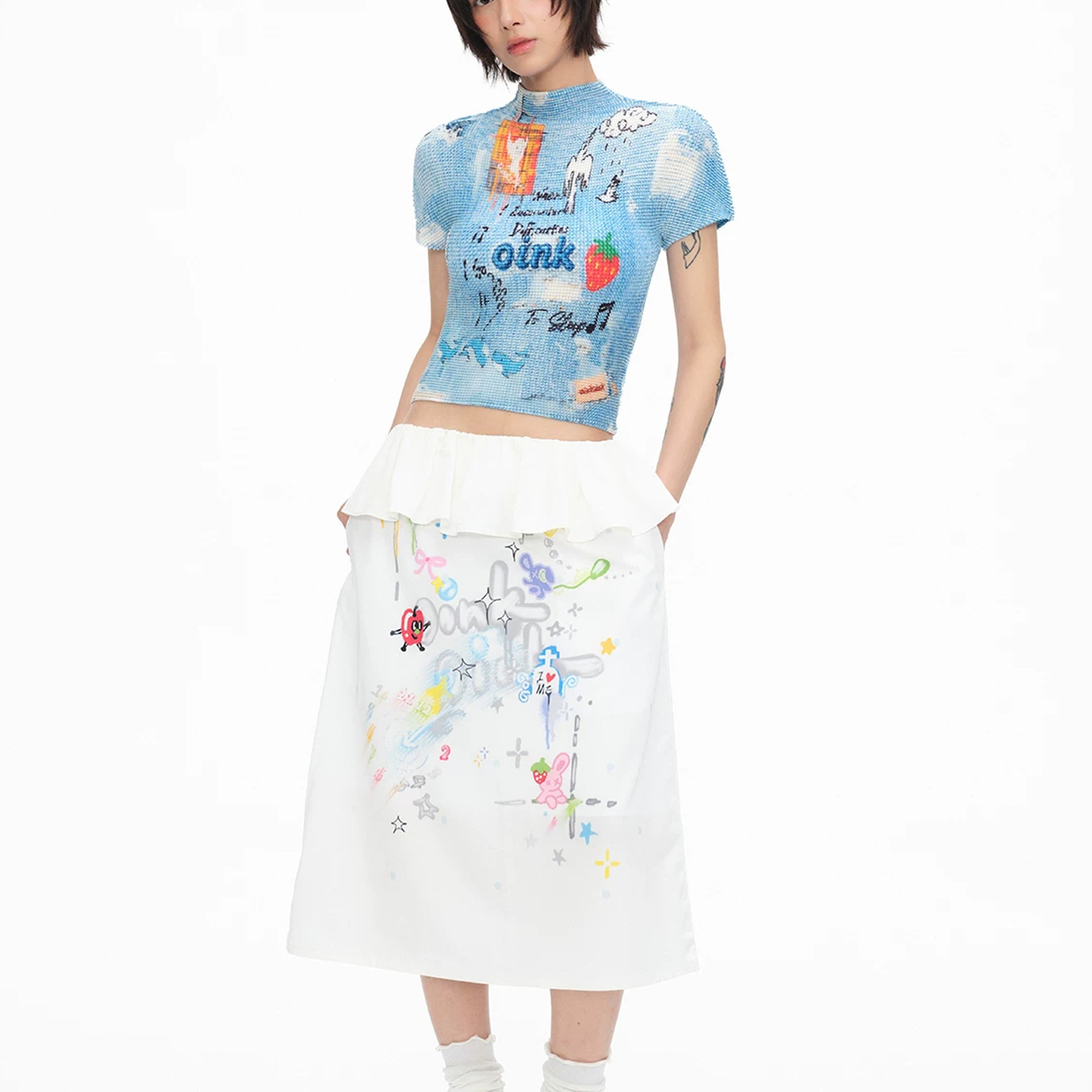 Illustration crinkle stretch crop tee - sky blue