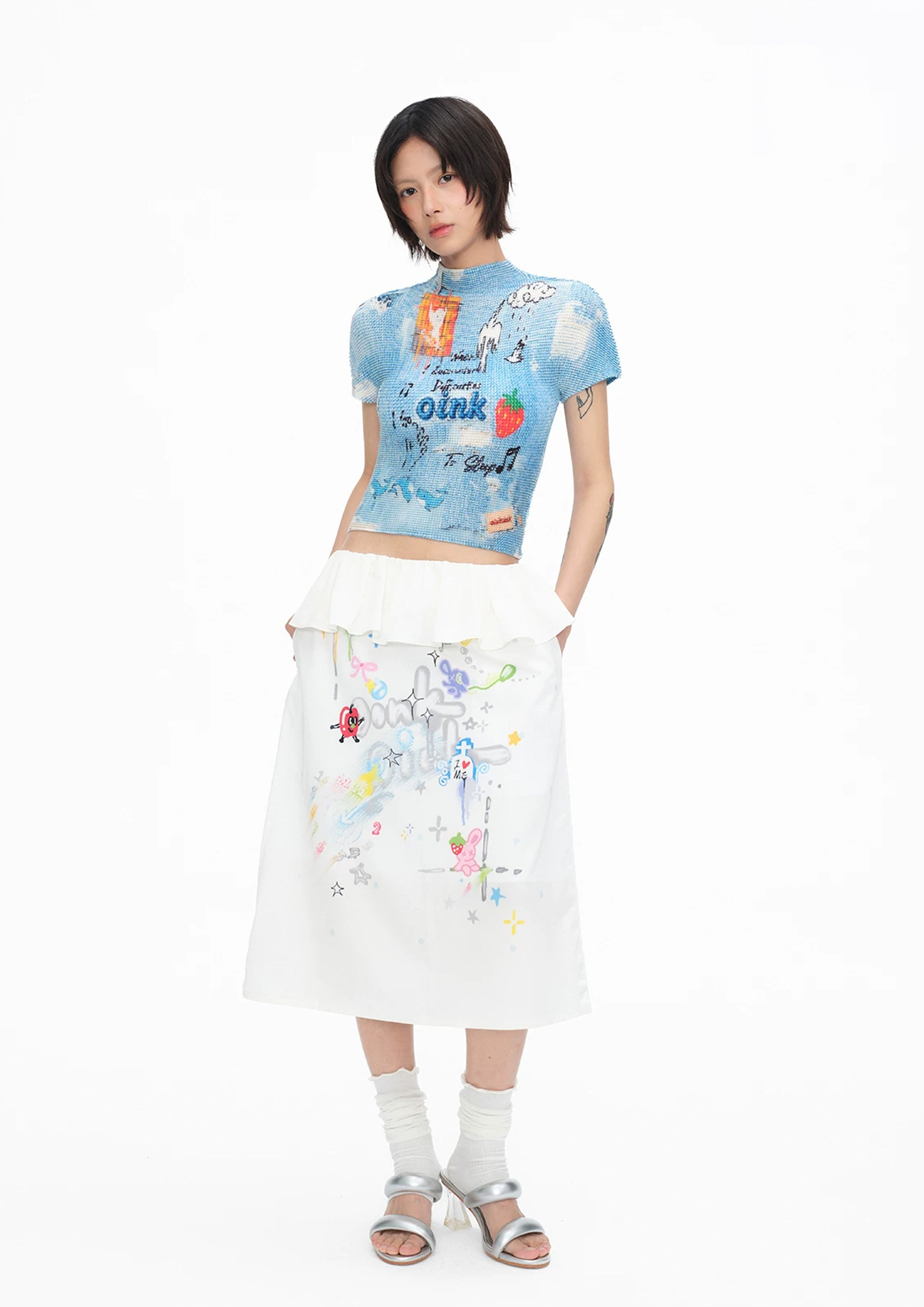 Illustration crinkle stretch crop tee - sky blue