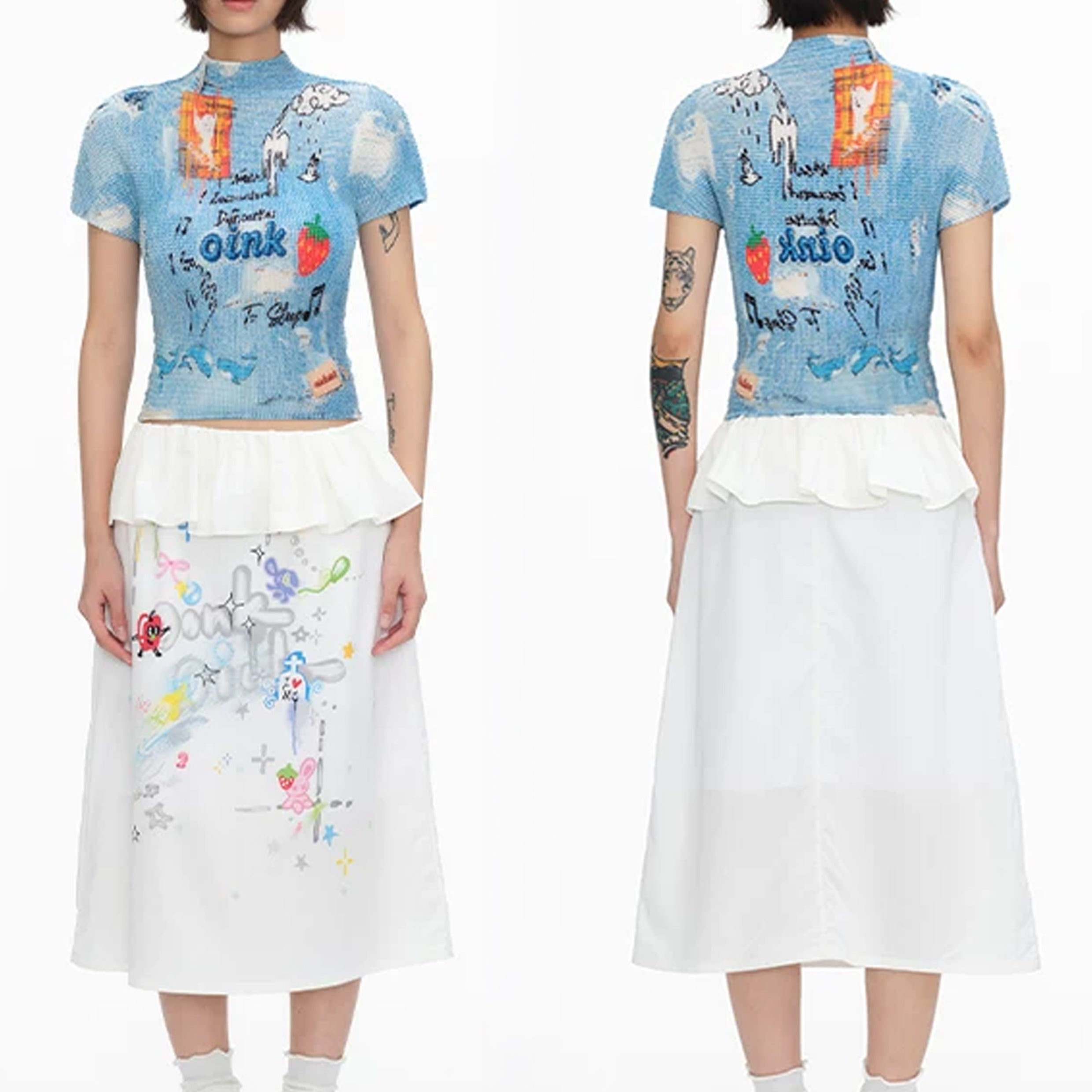 Illustration crinkle stretch crop tee - sky blue