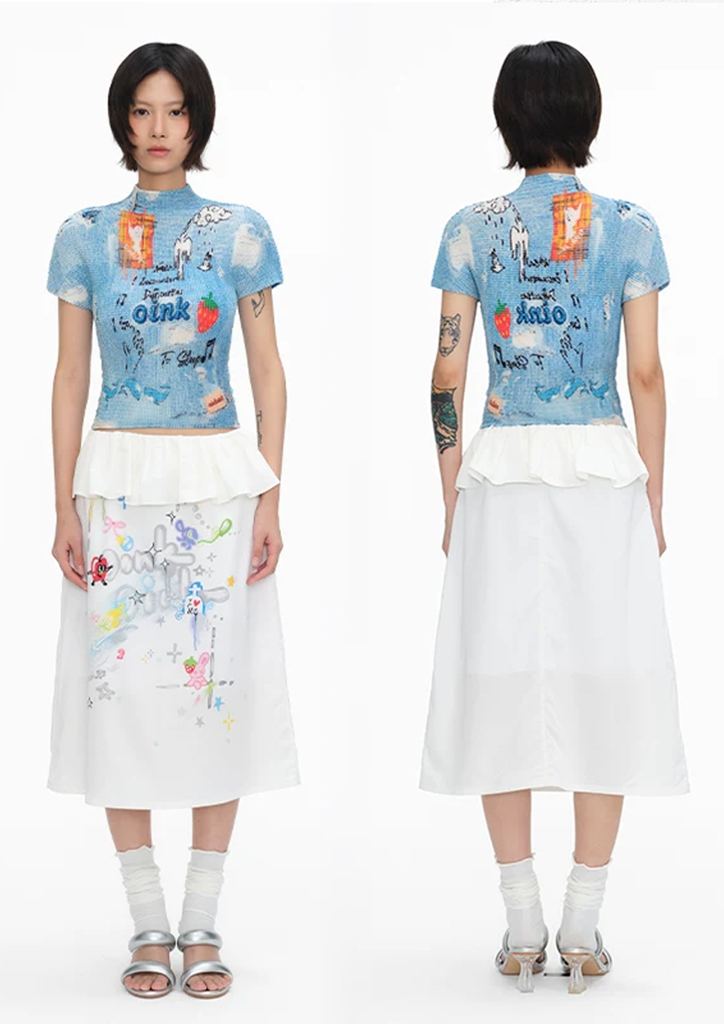 Illustration crinkle stretch crop tee - sky blue