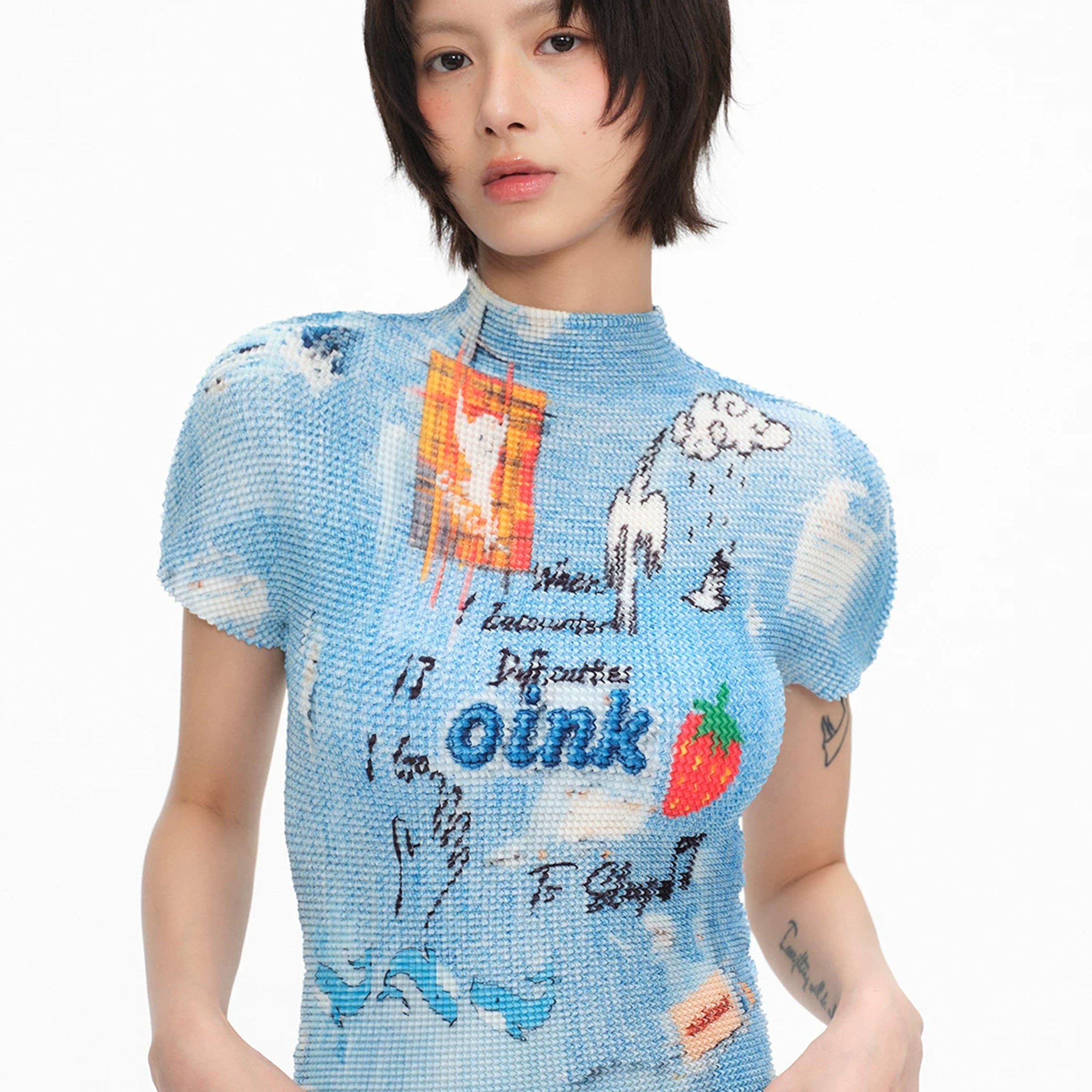 Illustration crinkle stretch crop tee - sky blue