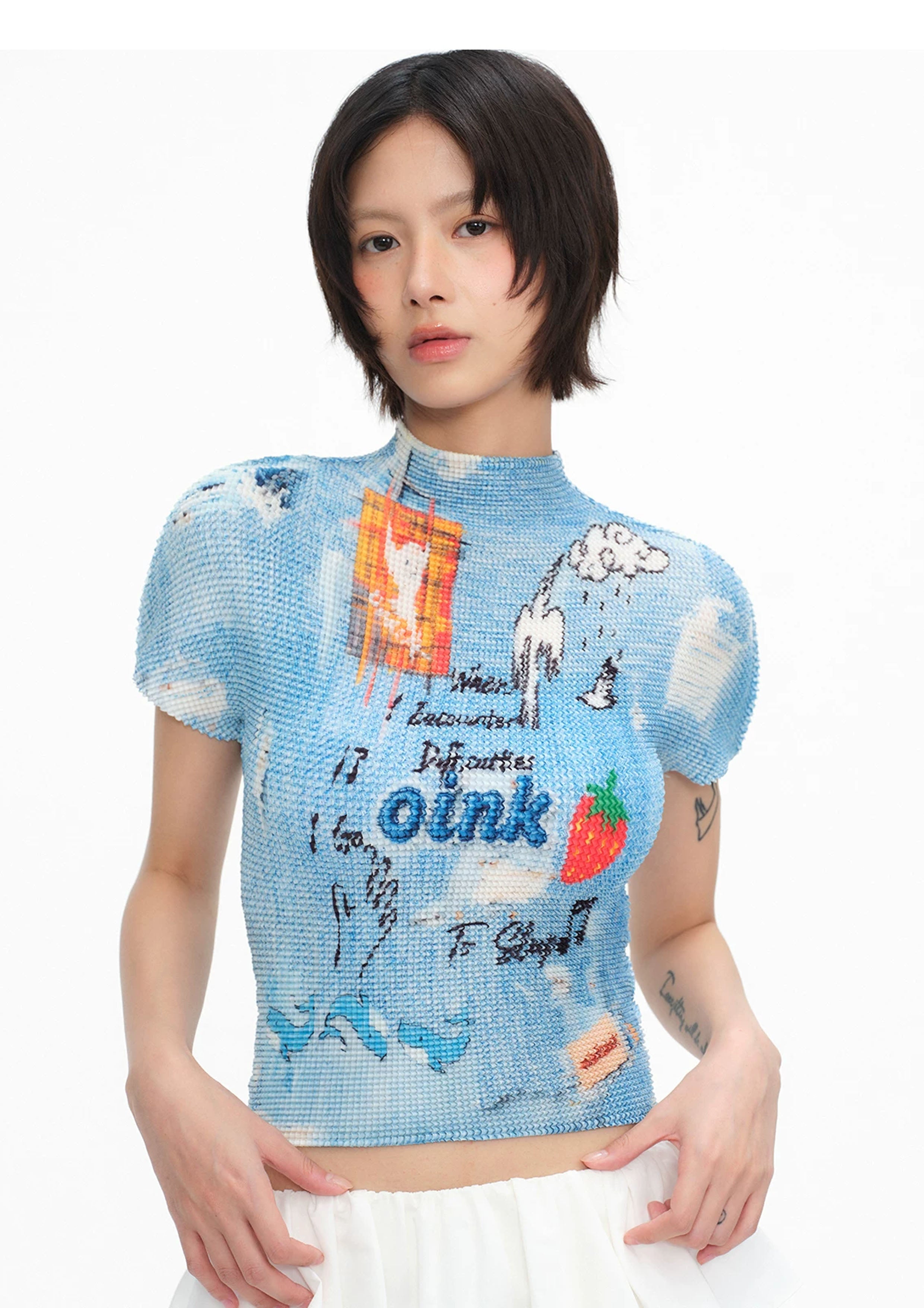 Illustration crinkle stretch crop tee - sky blue