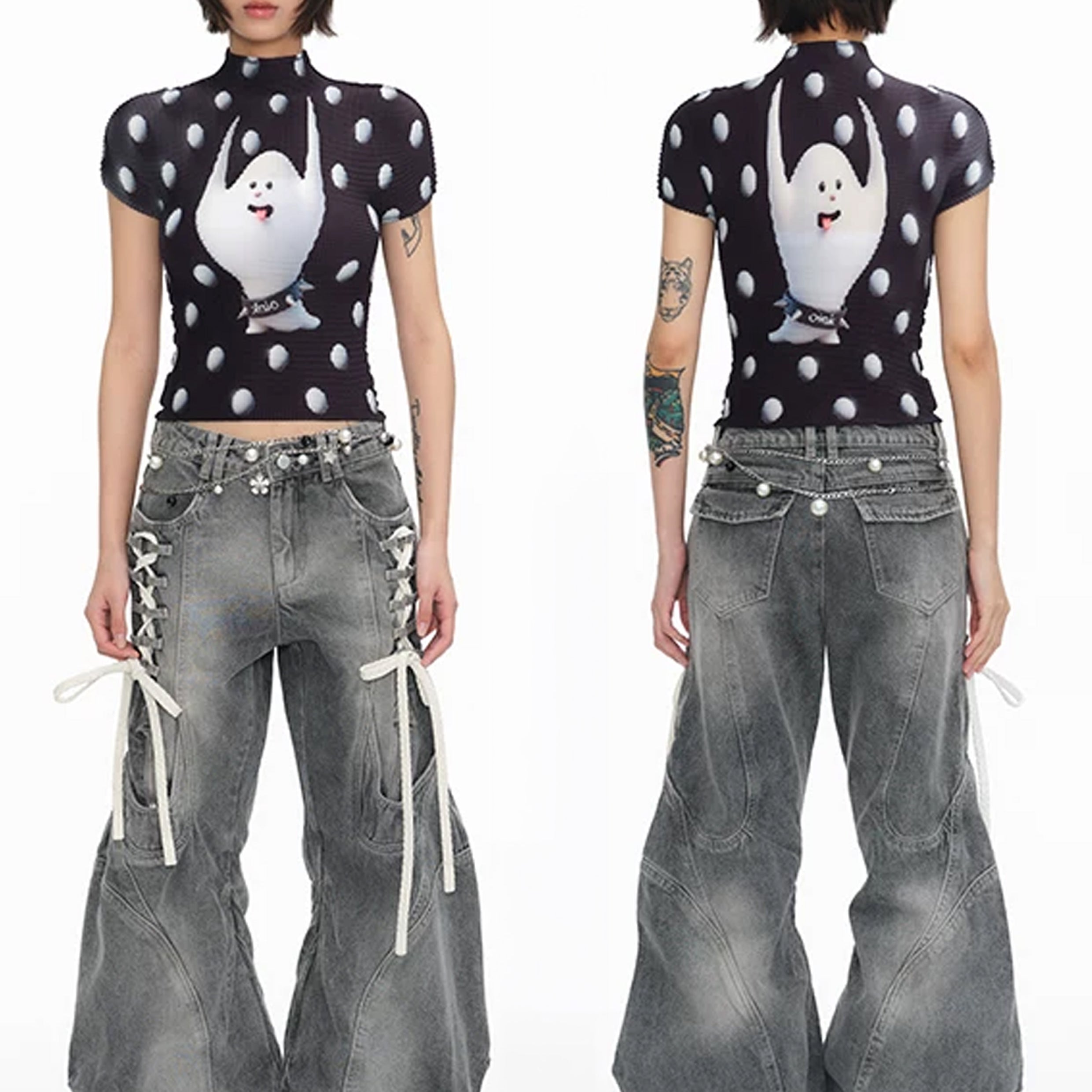 Ghost polka dots crinkle stretch crop tee - black