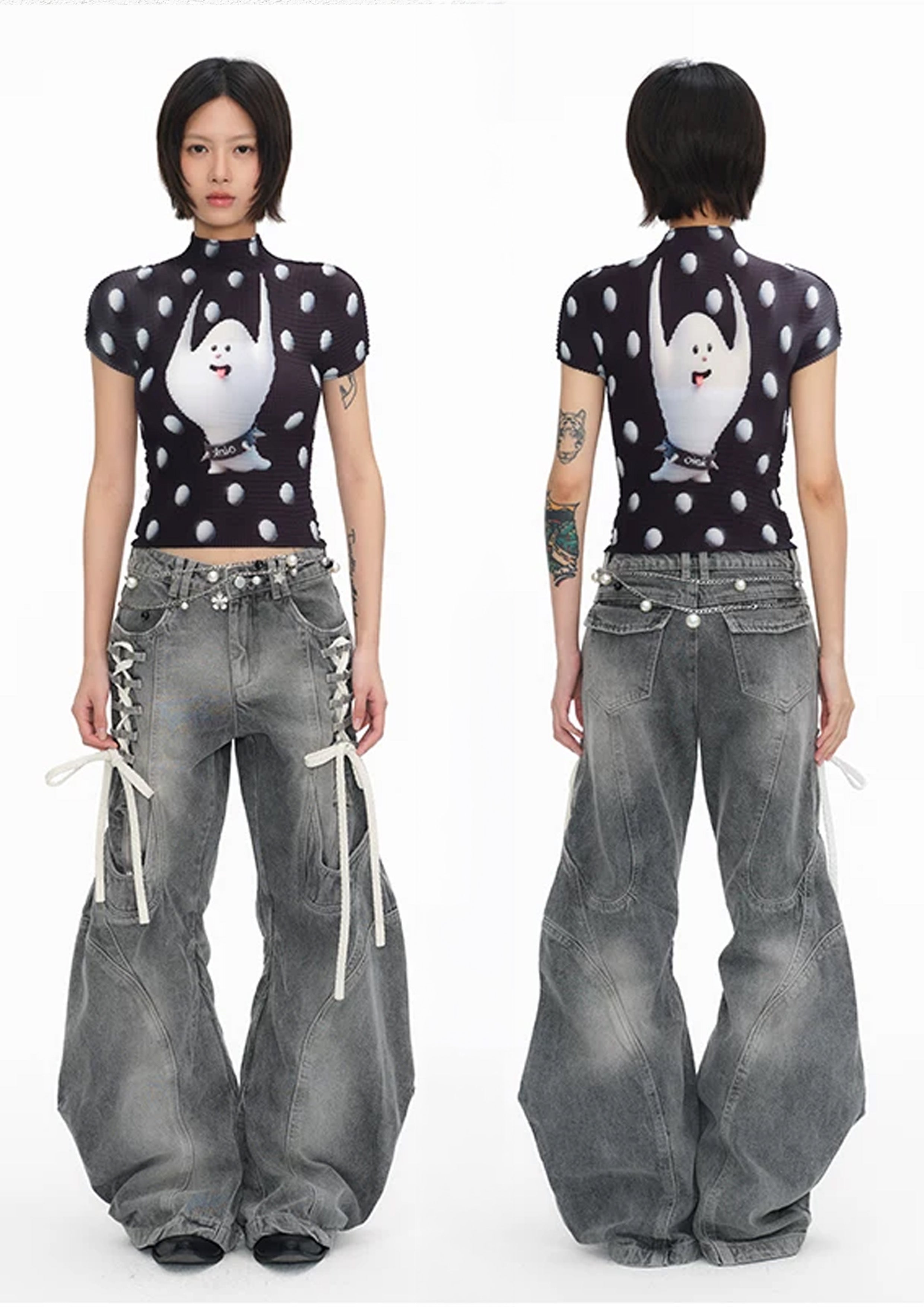 Ghost polka dots crinkle stretch crop tee - black