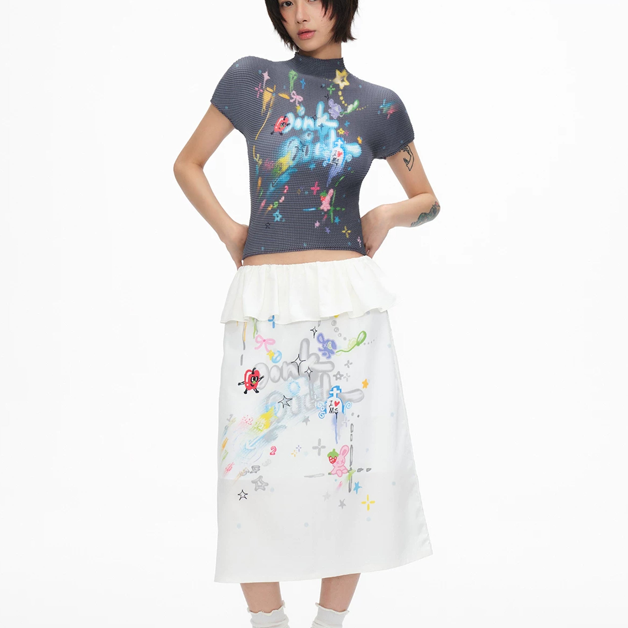 Shooting stars crinkle stretch crop tee - grey