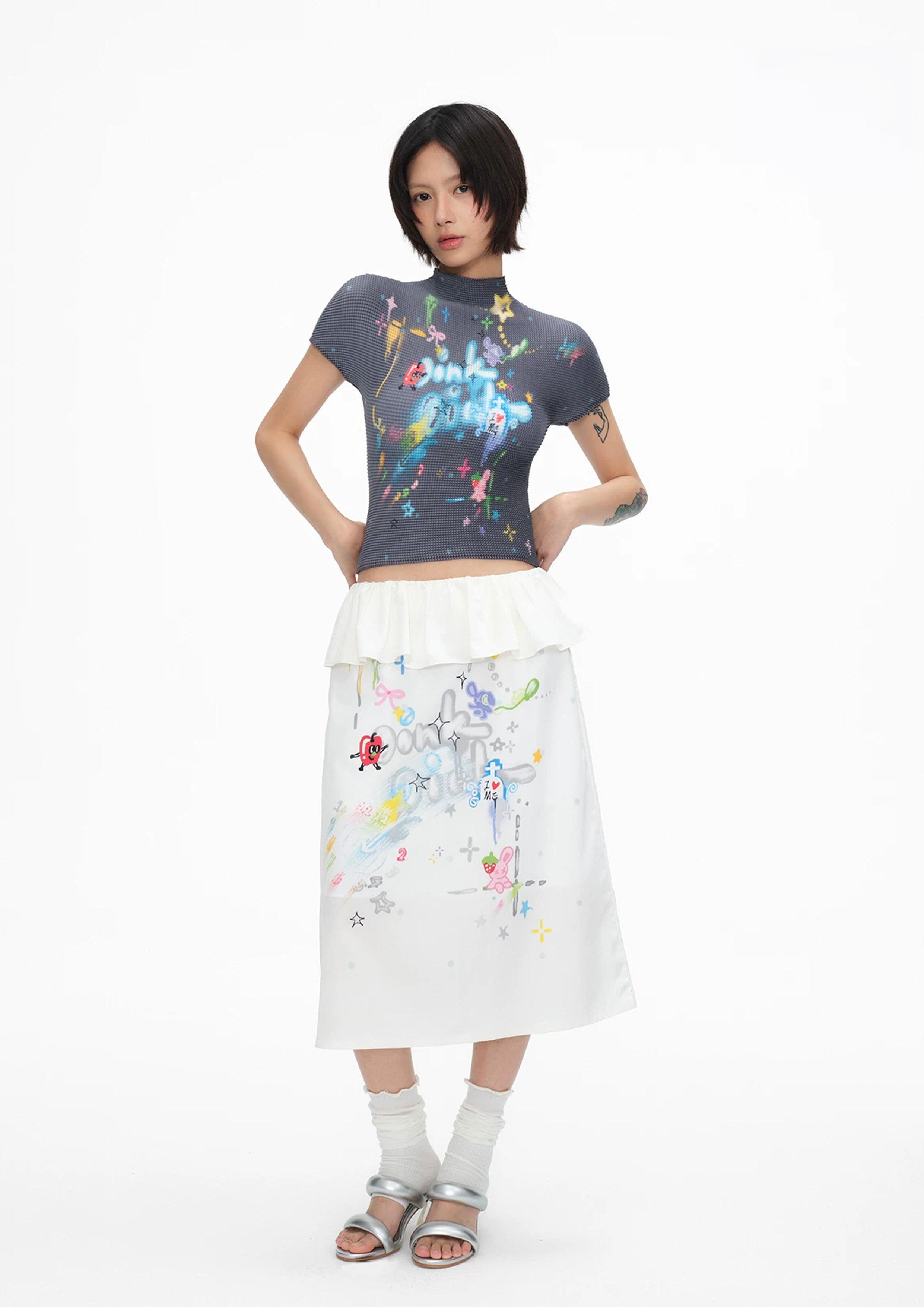 Shooting stars crinkle stretch crop tee - grey
