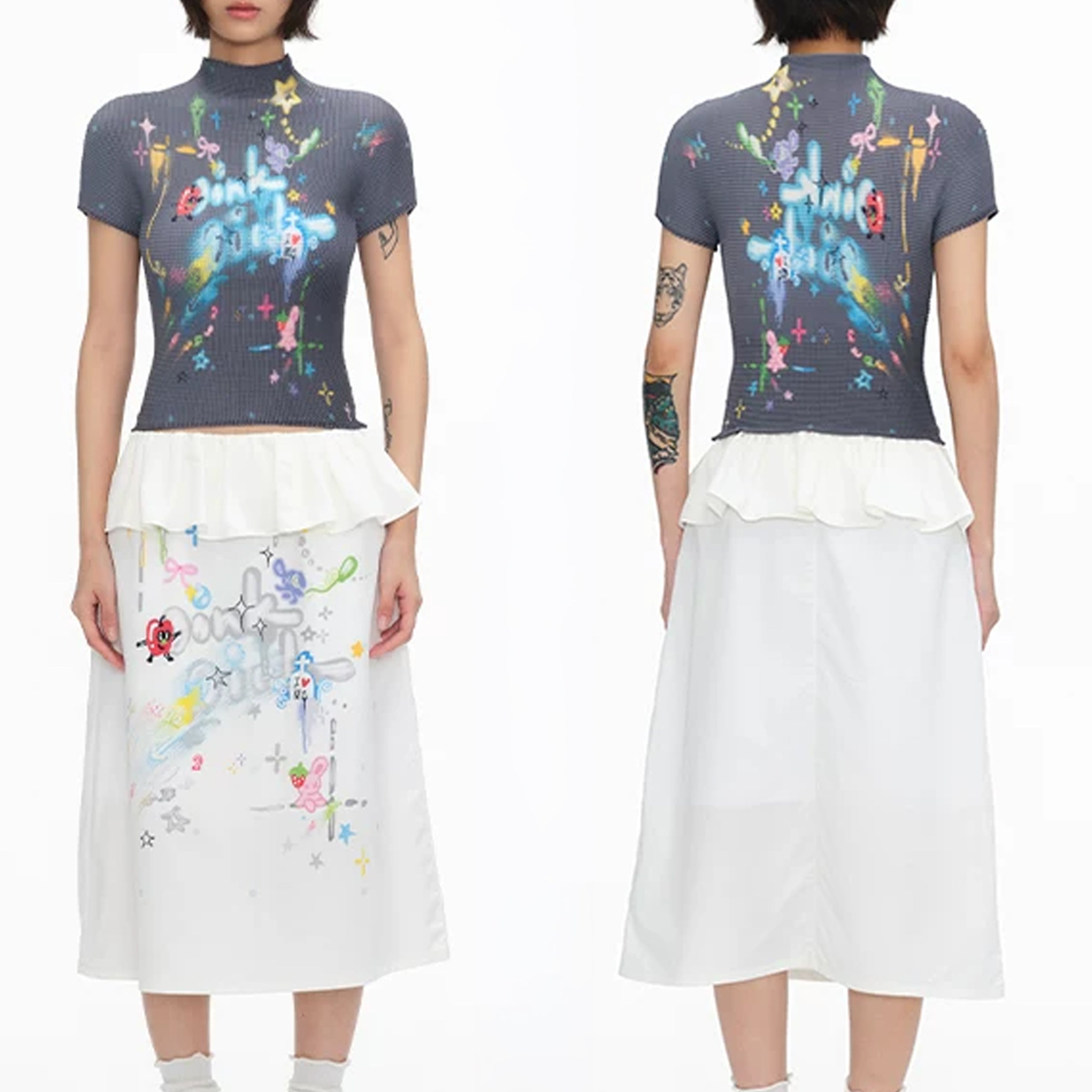 Shooting stars crinkle stretch crop tee - grey
