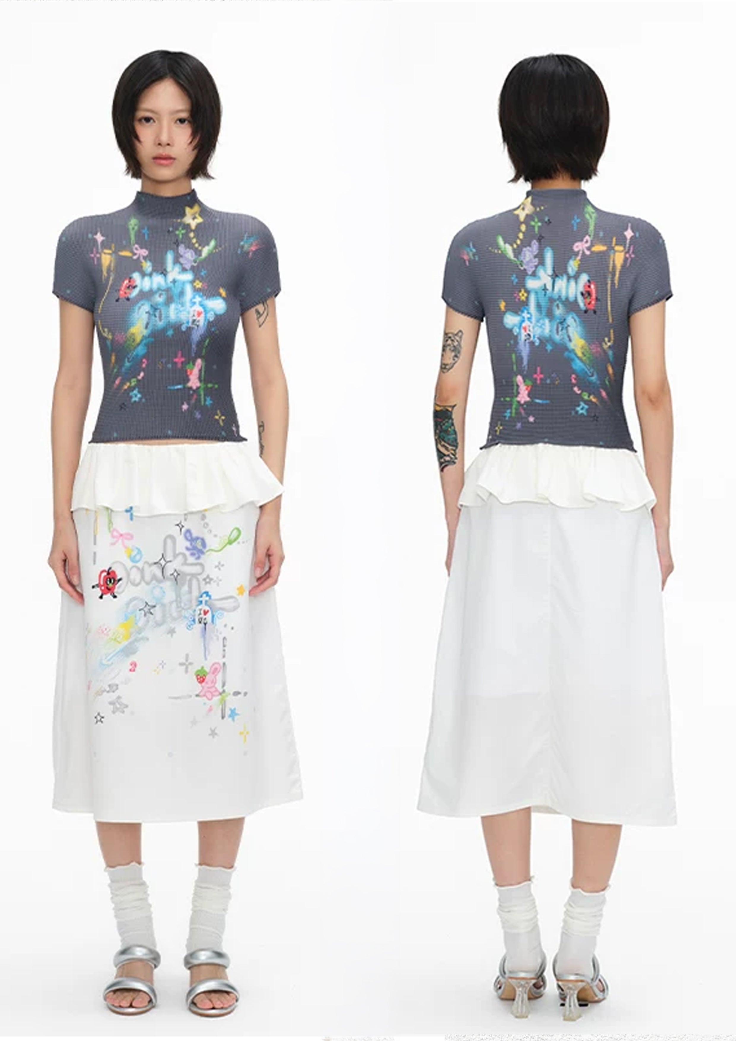 Shooting stars crinkle stretch crop tee - grey