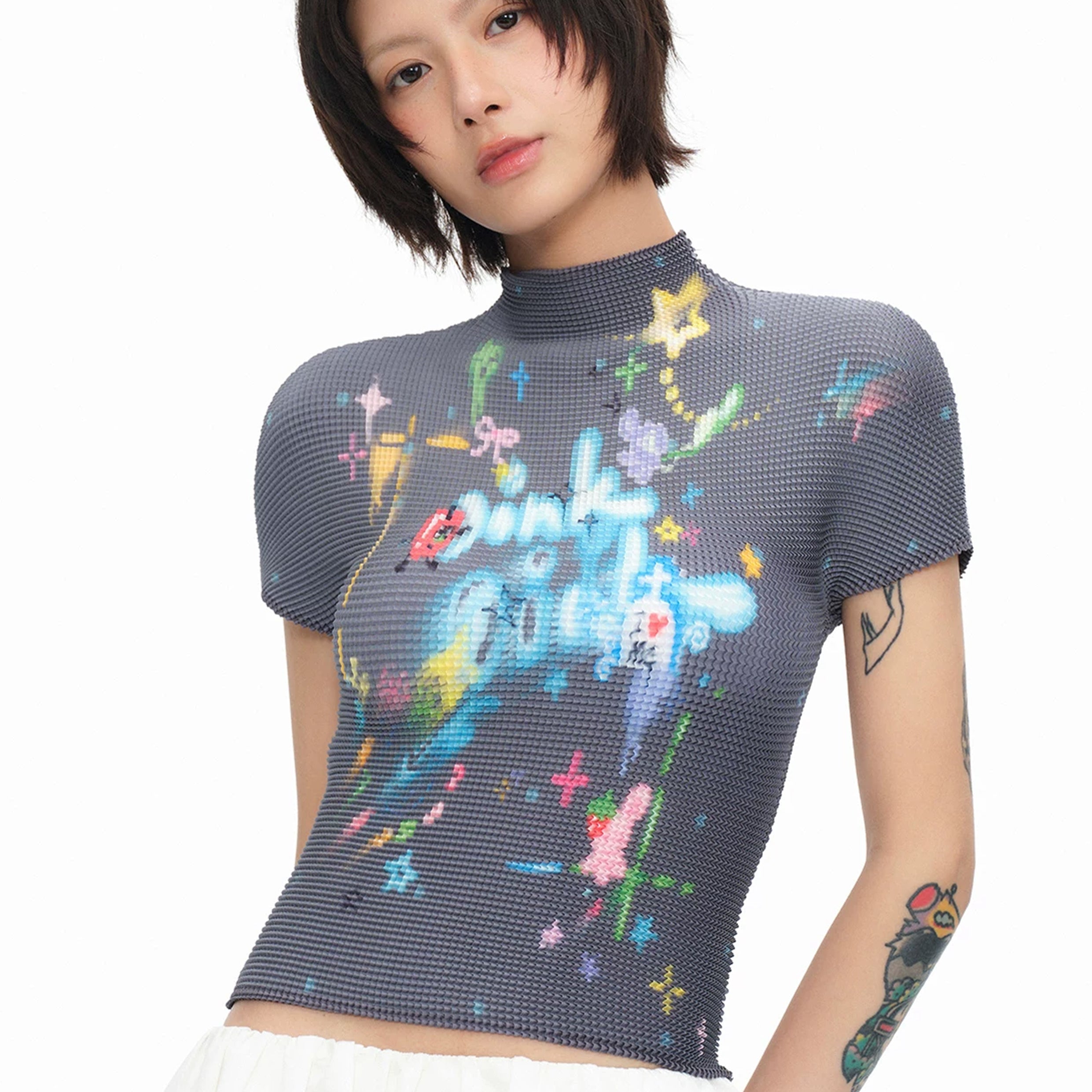 Shooting stars crinkle stretch crop tee - grey