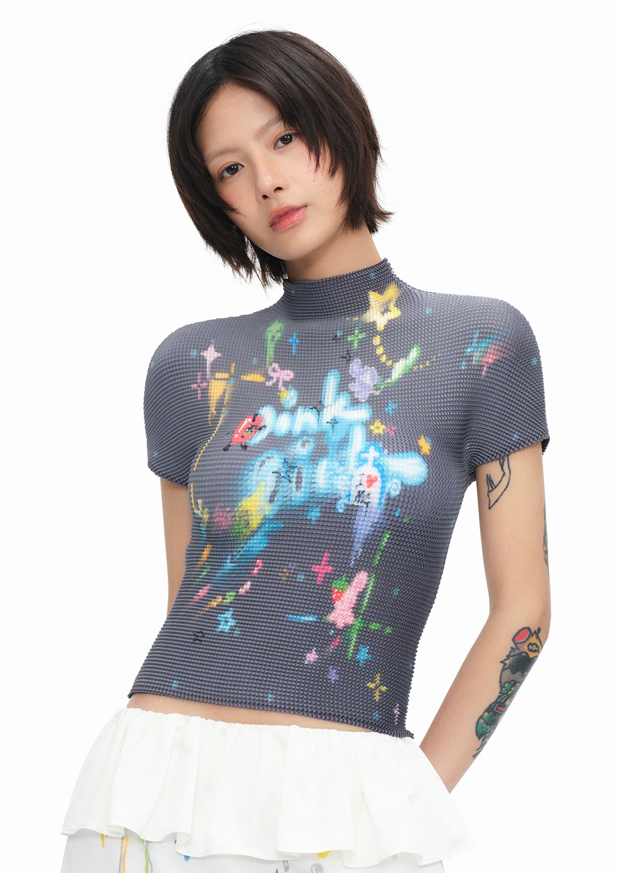 Shooting stars crinkle stretch crop tee - grey