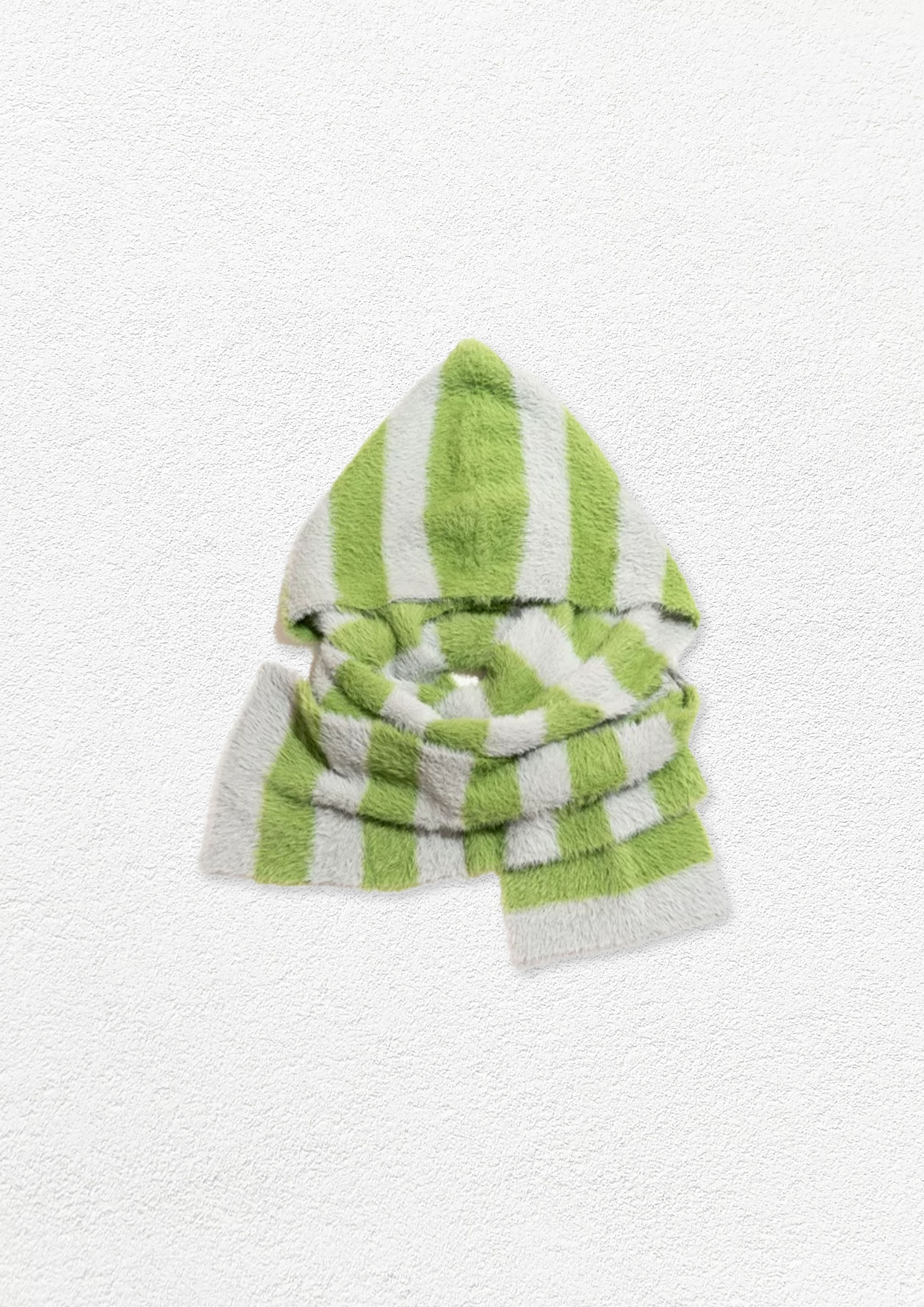 Fluffy hooded scarf - green striped