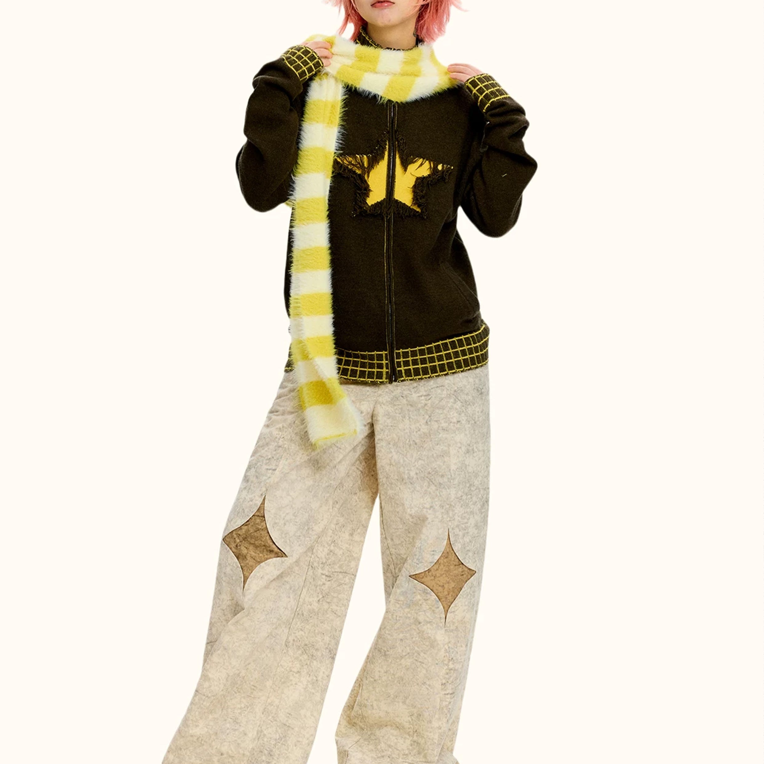 Fluffy hooded scarf - yellow striped