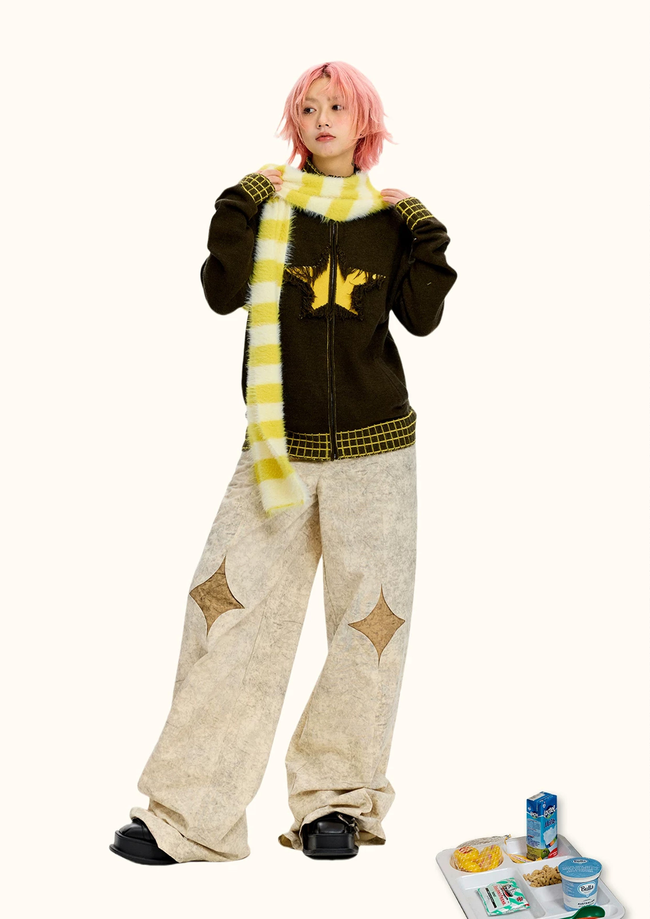 Fluffy hooded scarf - yellow striped