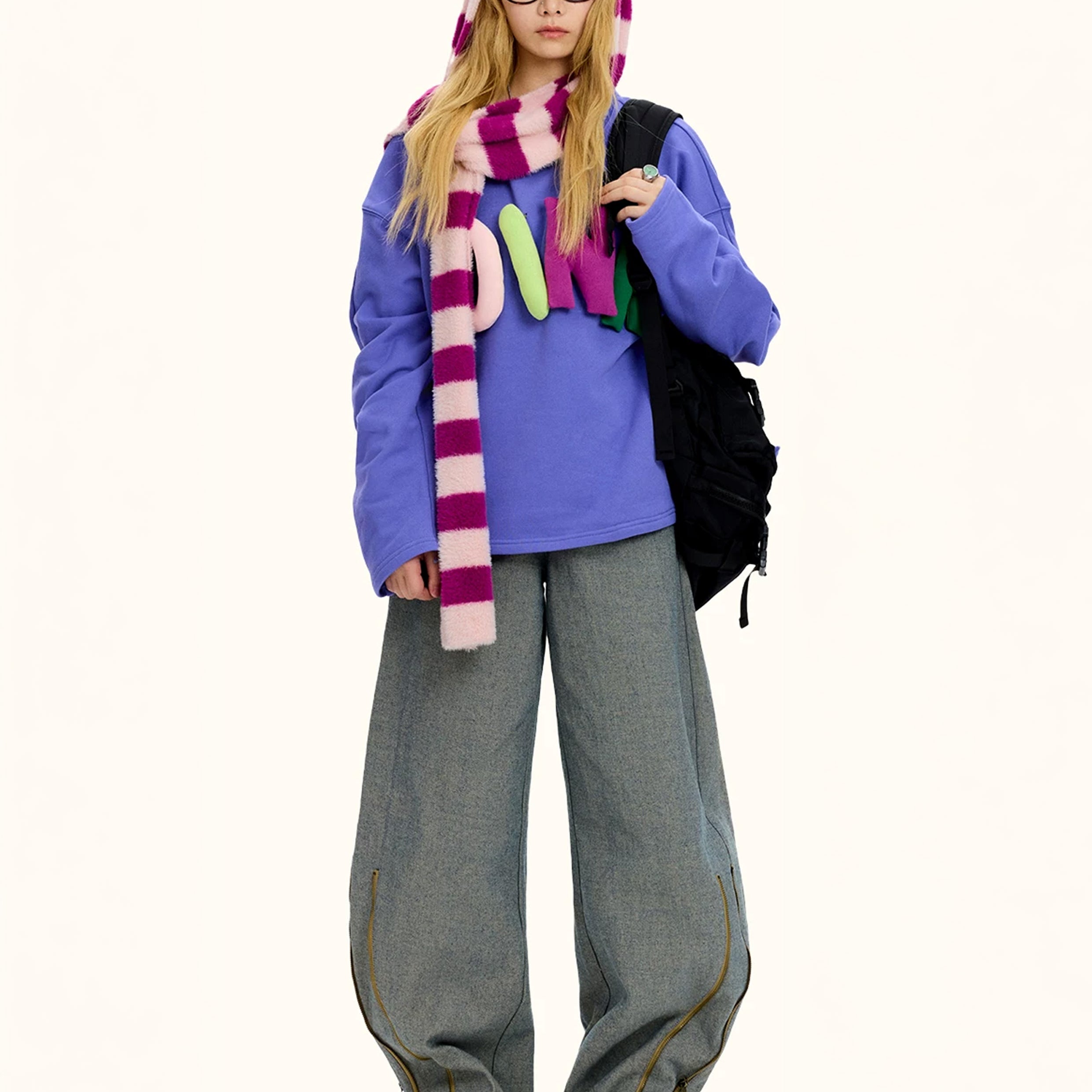 Fluffy hooded scarf - purple striped
