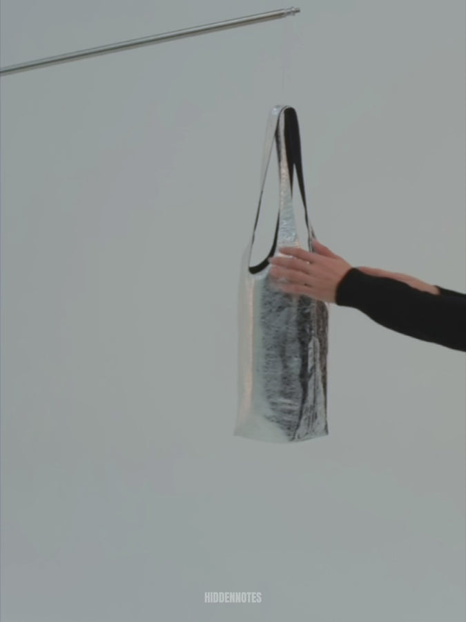 Vegan leather shoulder bucket bag - crinkle silver