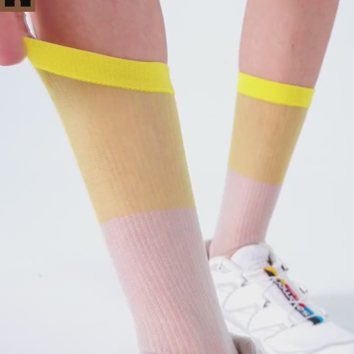 Spliced colour block sheer mid-calf sock - olive